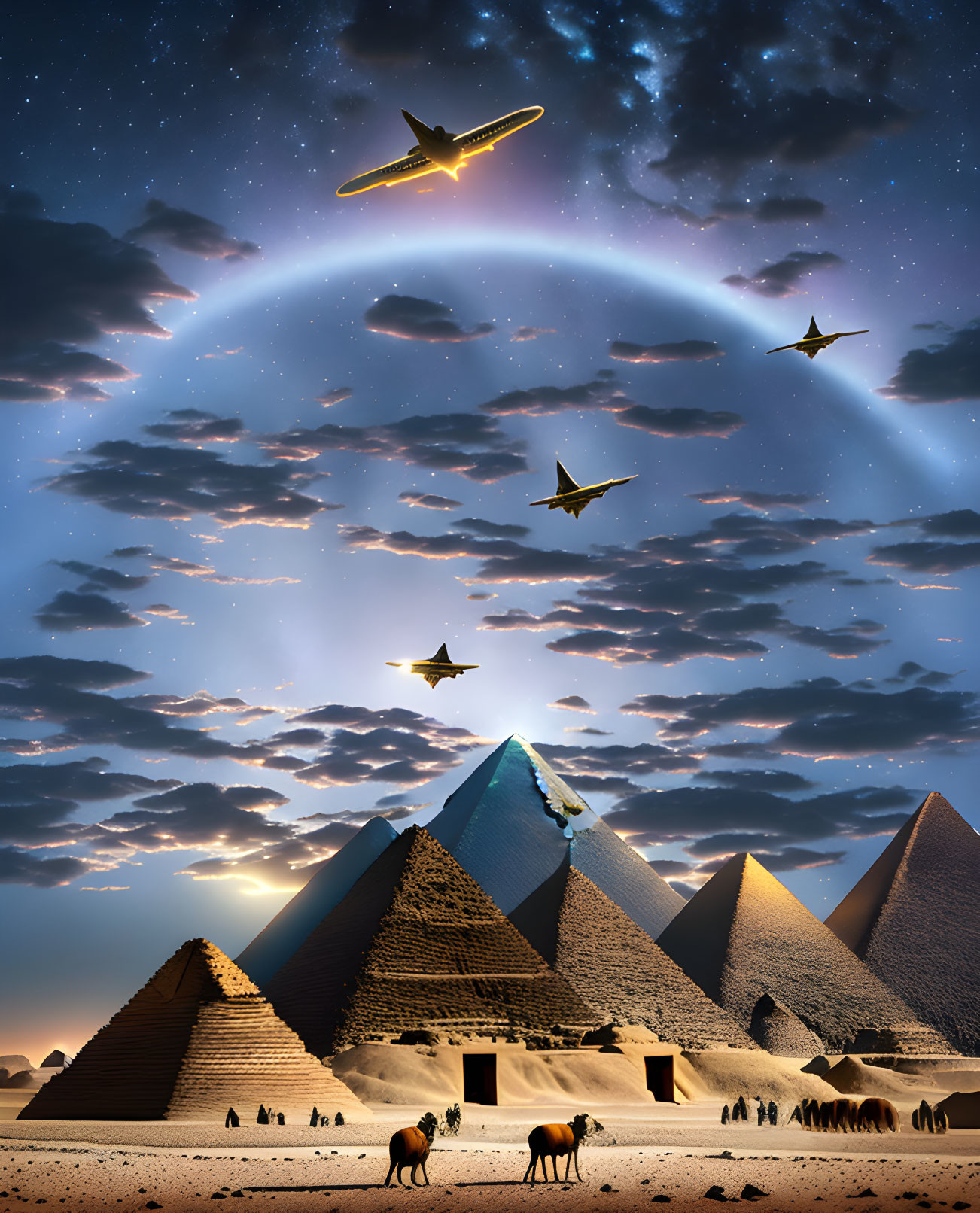 Aircraft and shooting stars above illuminated Great Pyramids of Giza at night