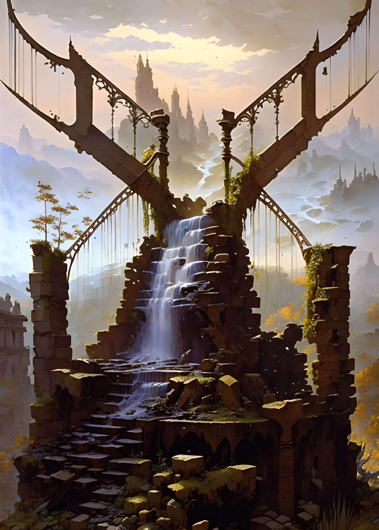 Fantasy waterfall over ancient ruins with spires in golden sky