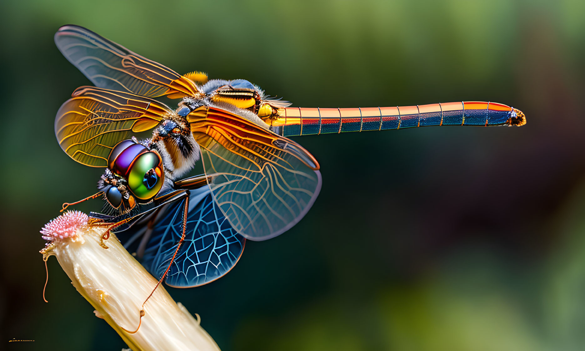 Colorful Dragonfly Close-up on Plant Stem with Intricate Wing Pattern