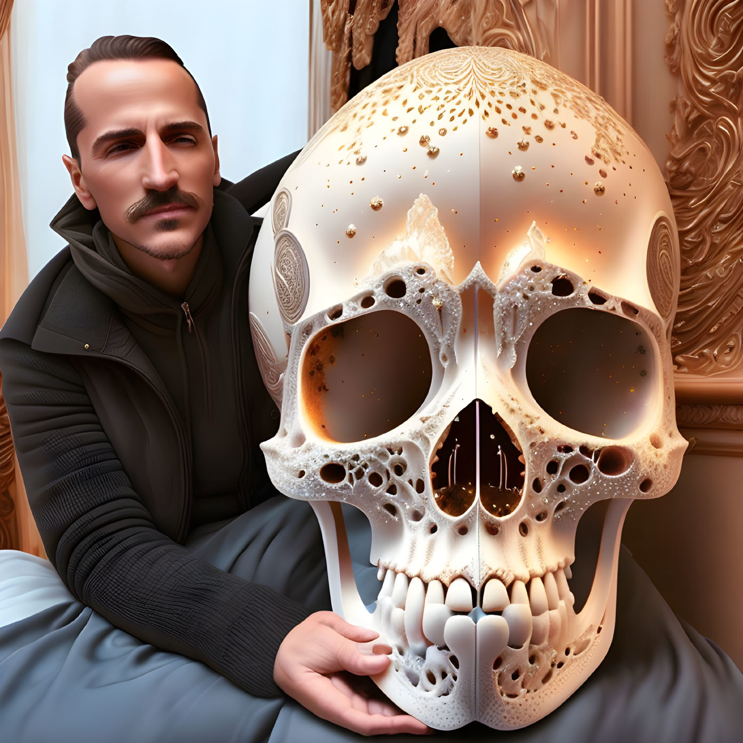 Man with Mustache Holding Ornate Skull in Black Jacket