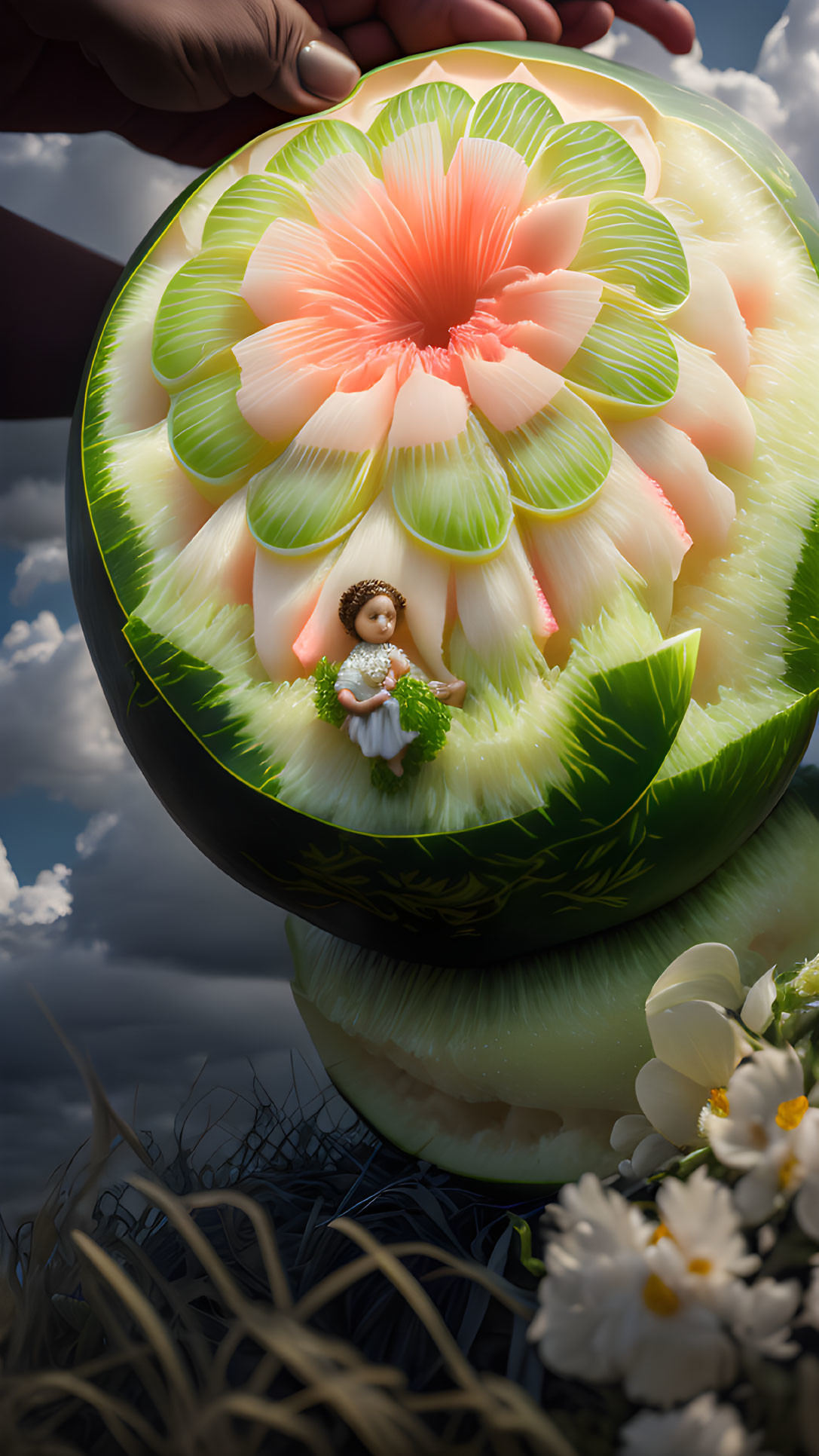 Intricate floral patterns on carved watermelon with figurine and flowers against cloudy sky