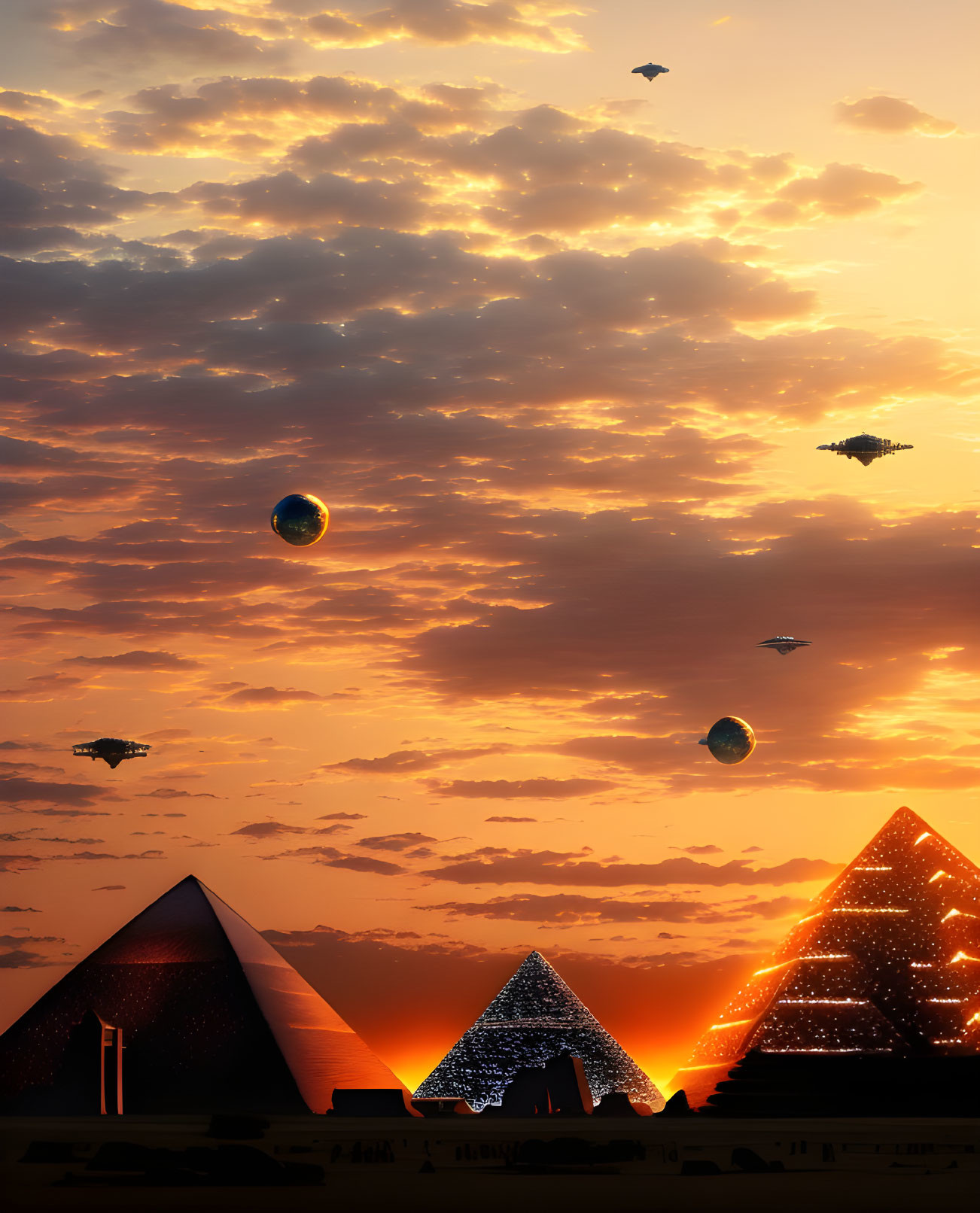 Futuristic sunset with illuminated pyramids and floating orbs in vibrant sky