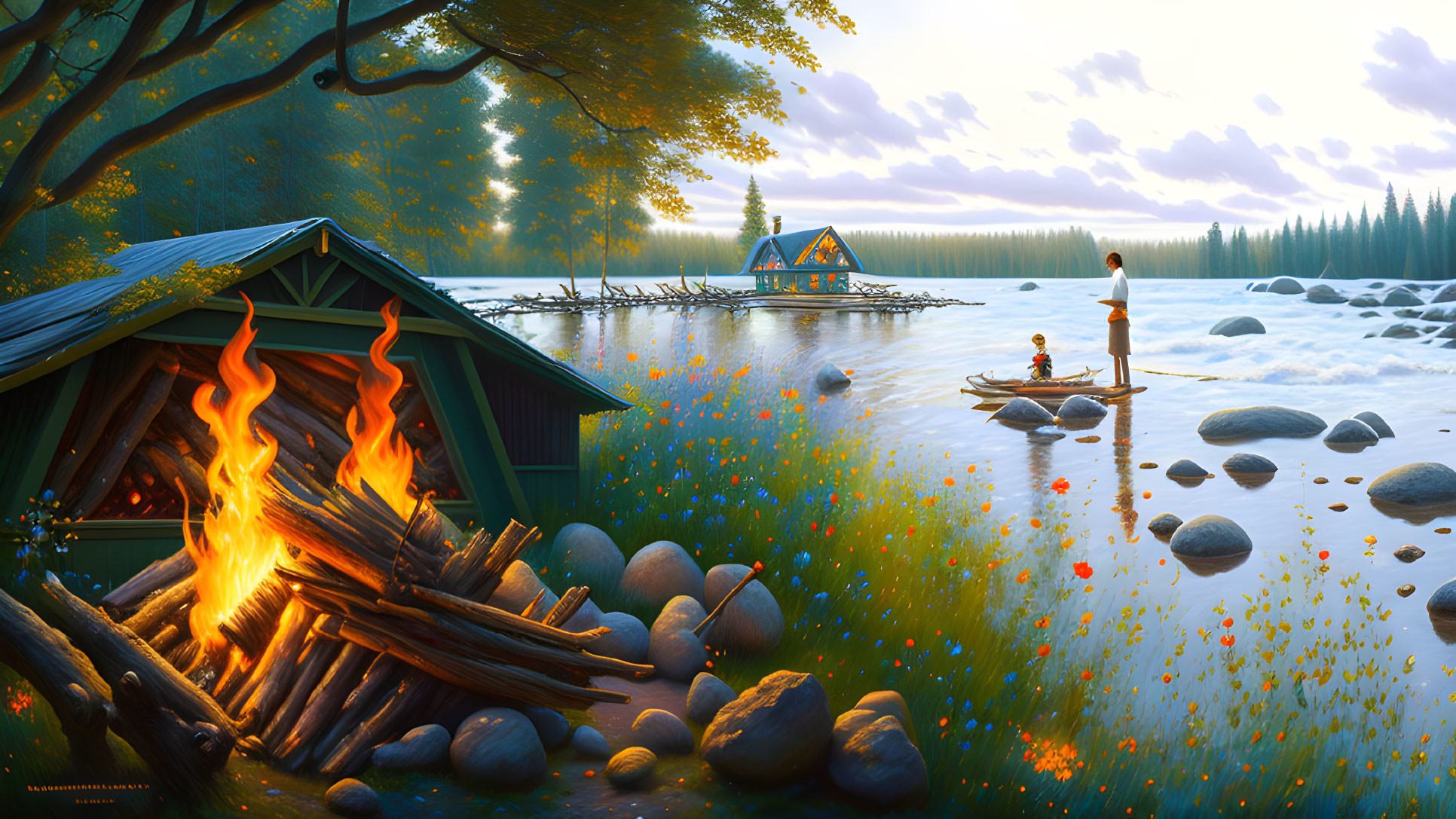 Tranquil lake scene with person on dock, bonfire, cabin, wildflowers, forest at