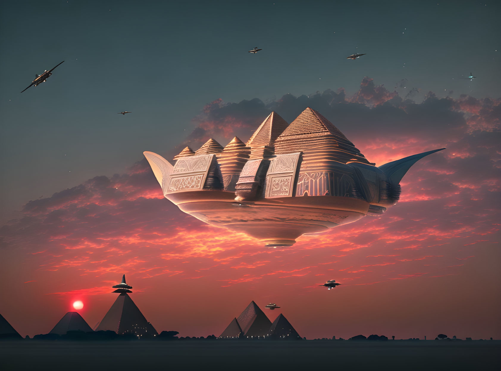 Giant flying futuristic structure with Egyptian pyramid design elements in dusk sky