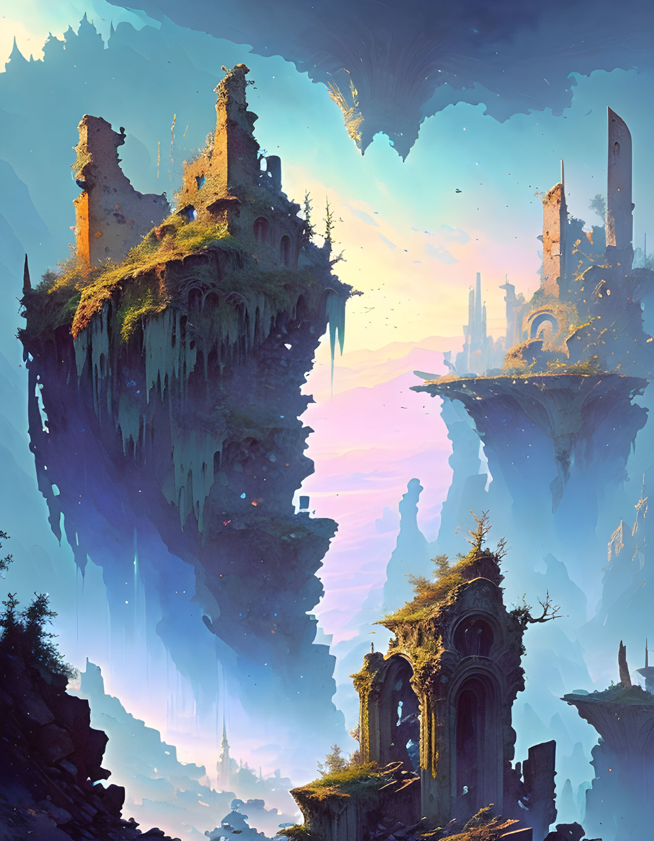 Mystical sunset scene: floating islands, ancient ruins, waterfalls