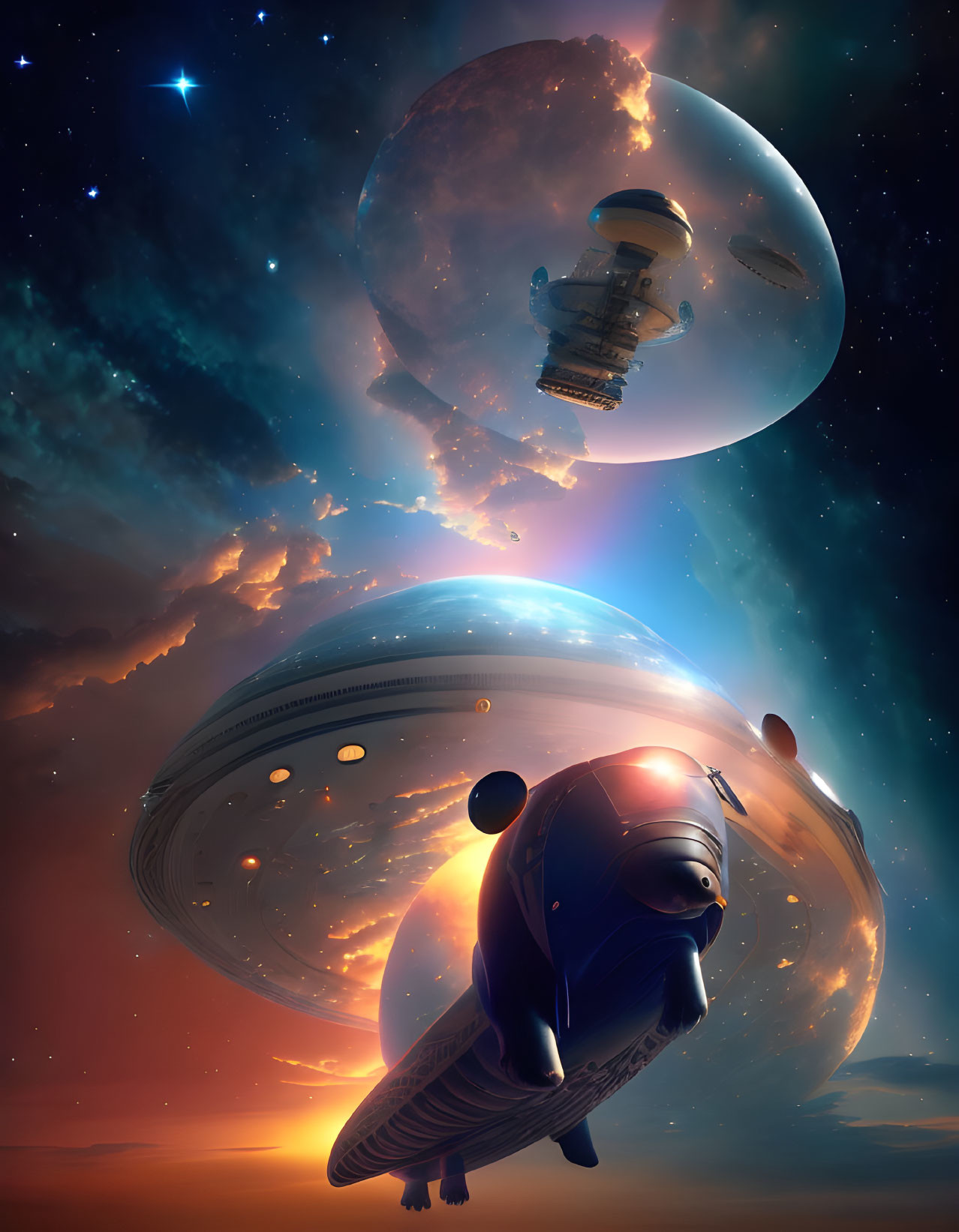 Futuristic spaceships in celestial space scene