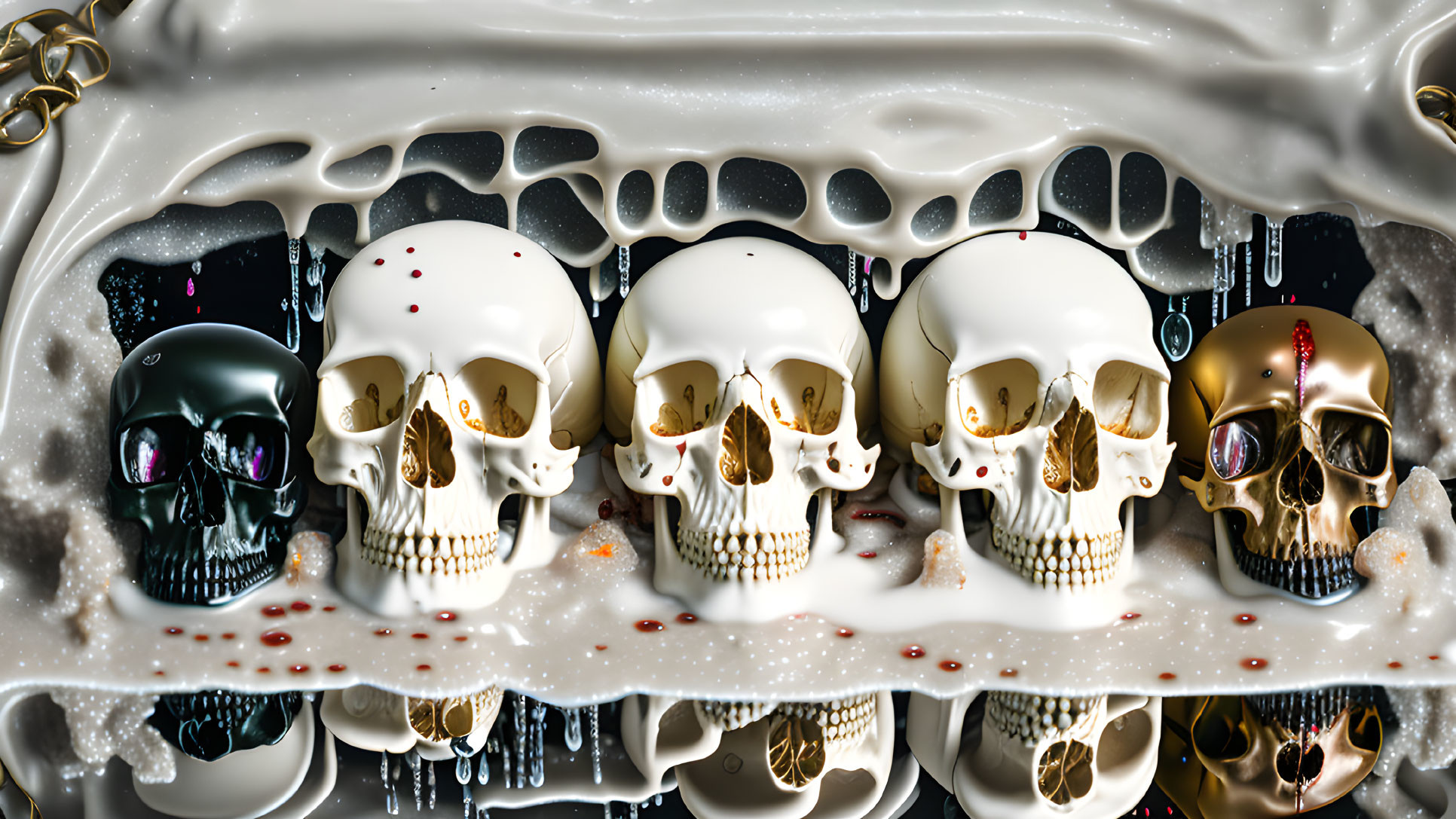 Array of human skulls in viscous liquid with gold and red markings