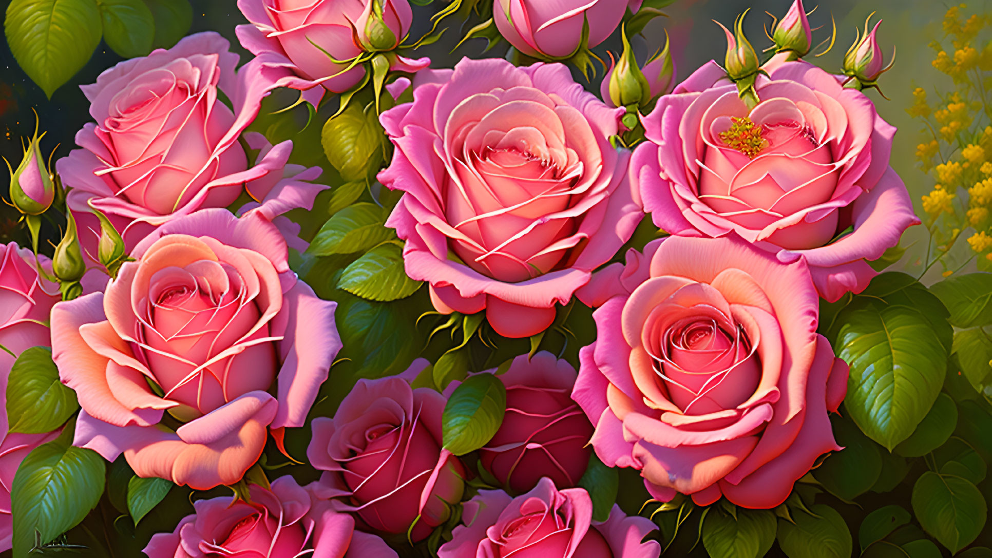 Colorful digital artwork: Cluster of pink roses, lush green leaves, buds on dark background