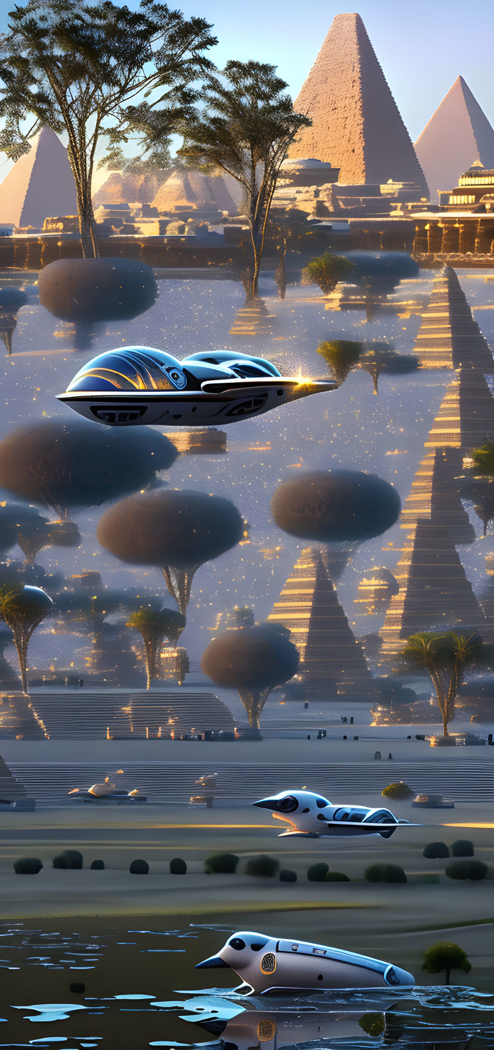 Futuristic hover cars over desert near Great Pyramids with waterbody