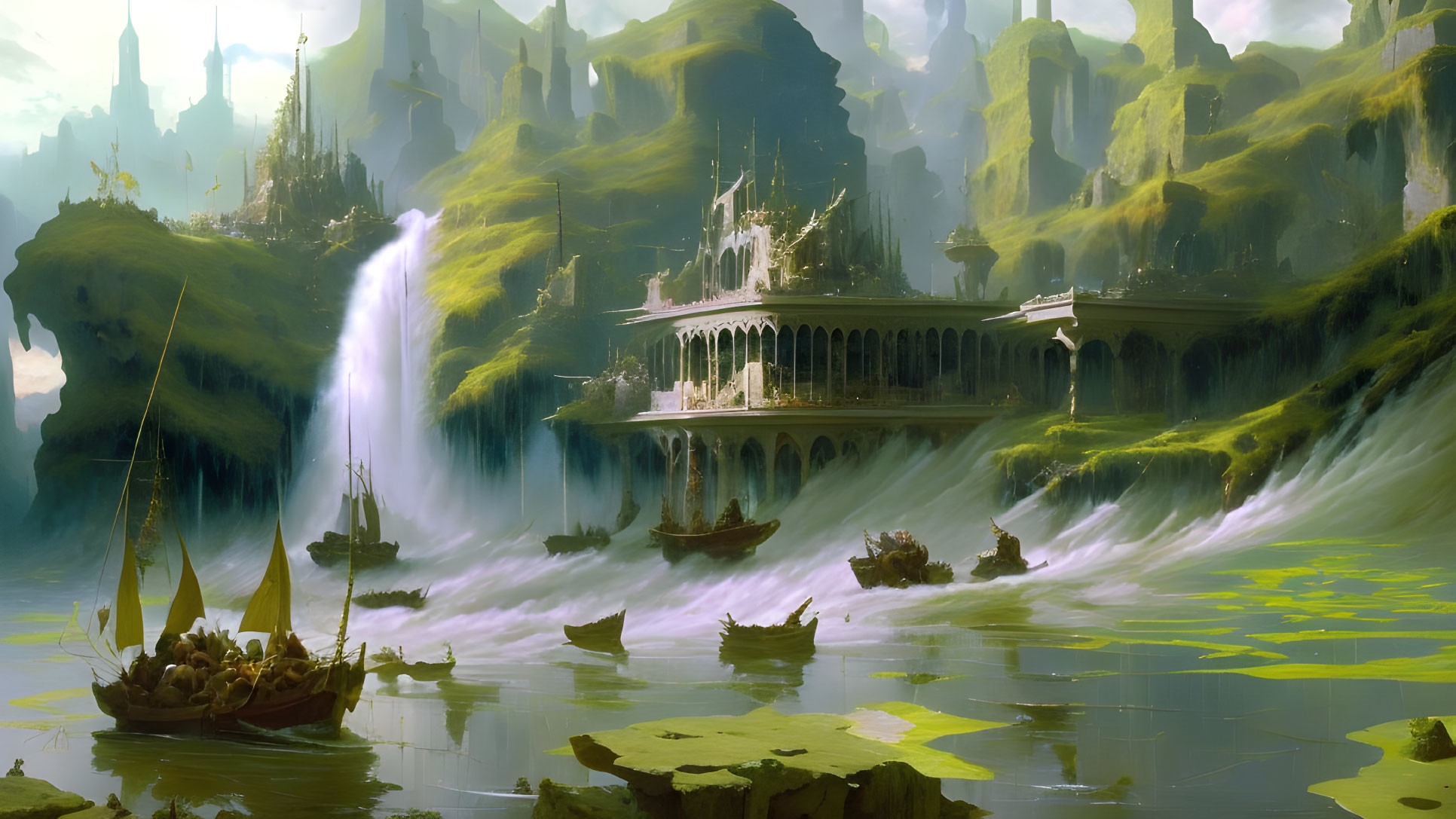 Majestic fantasy landscape with boats, waterfall, and elegant buildings