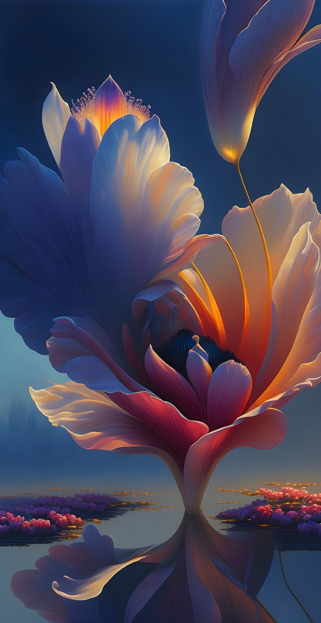 Vibrant oversized flower over reflective water at dusk