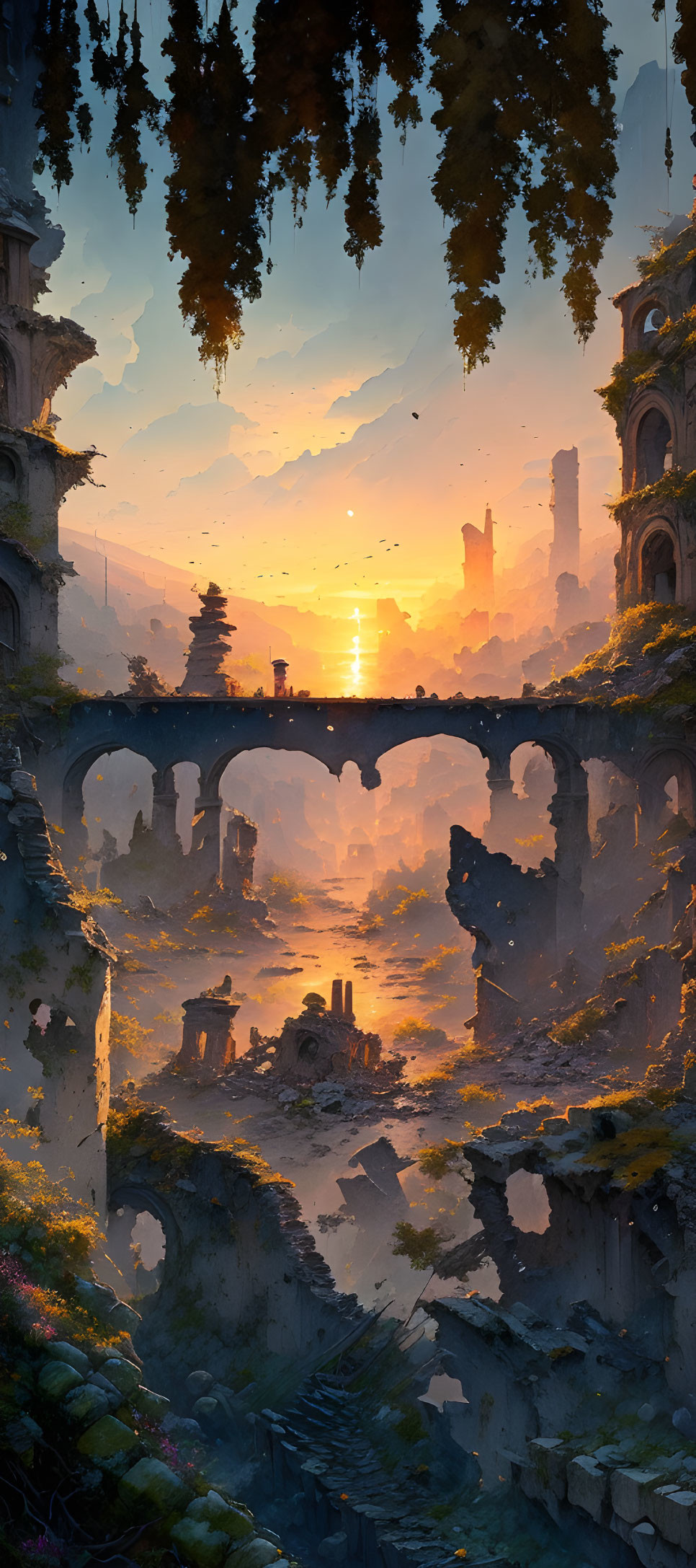 Vertical Artwork of Sunlit Ruinscape with Arches and Buildings at Sunrise/Sunset