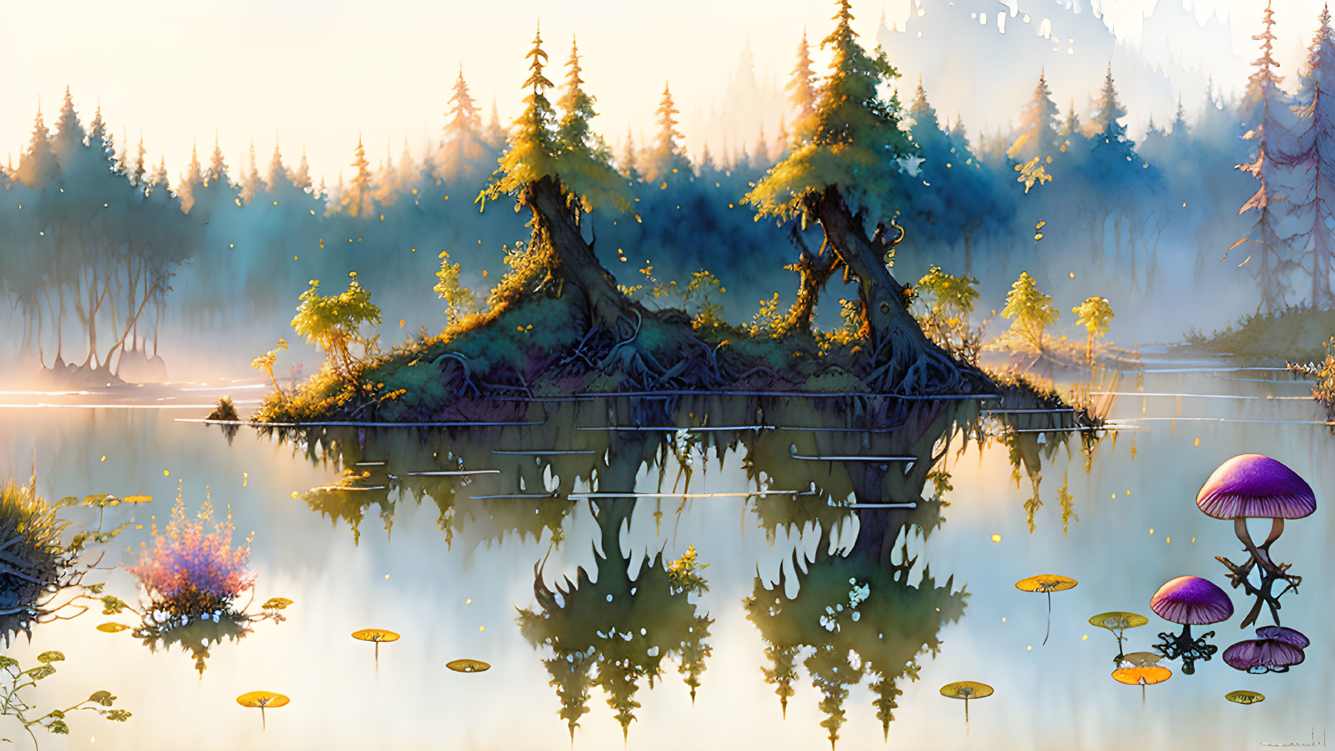 Serene forest landscape with reflective water, sunrise glow, and colorful mushrooms