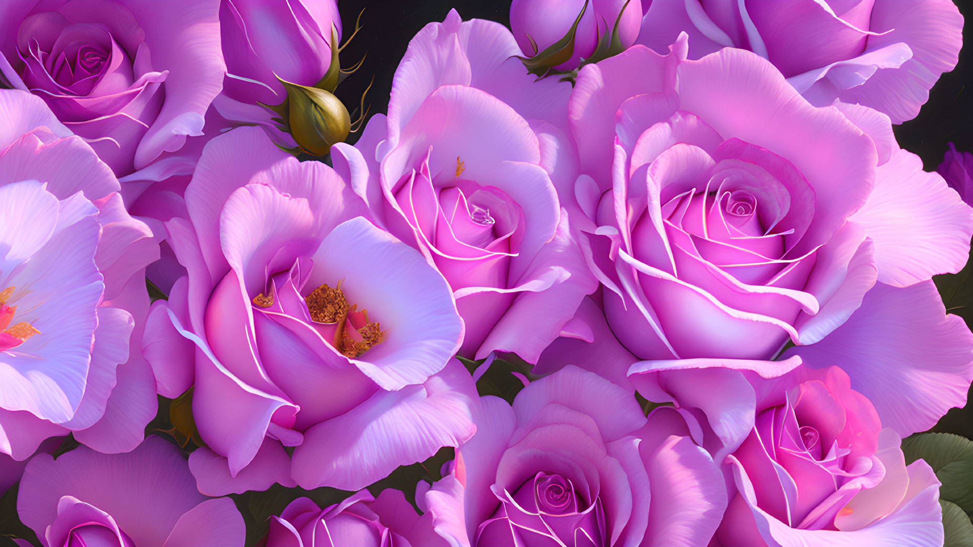 Pink roses and blossoms with golden stamen on dark background