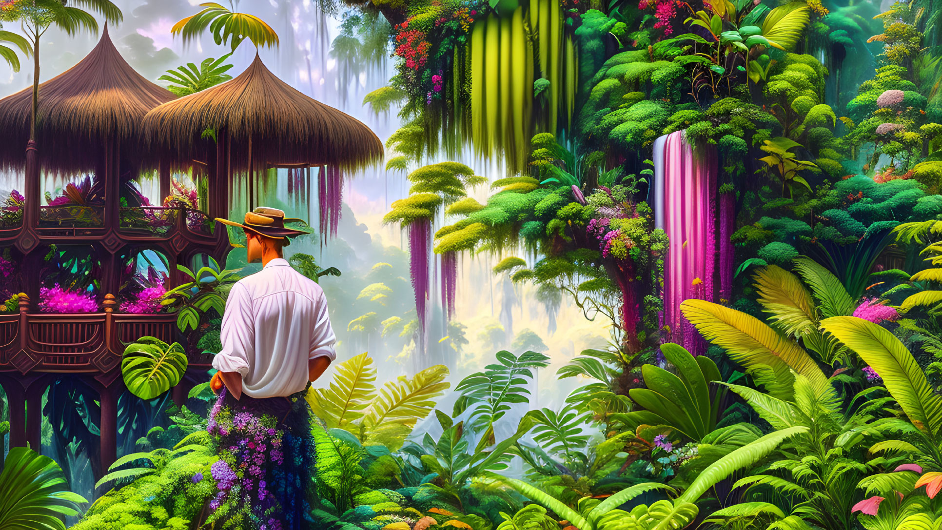 Man in hat observes lush jungle with hanging gardens, waterfalls, and huts