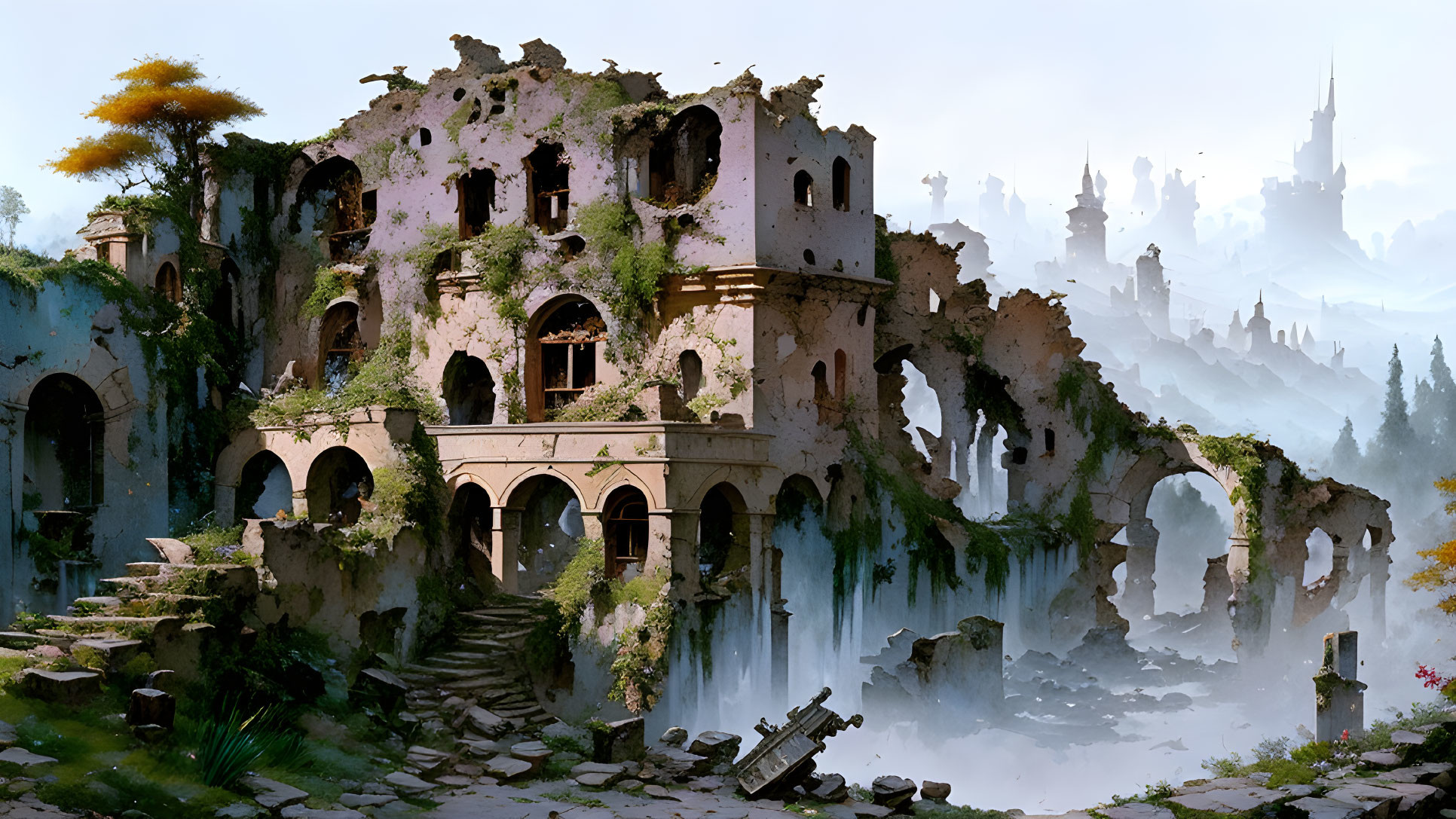 Ruined palace surrounded by overgrown vegetation and distant city silhouette