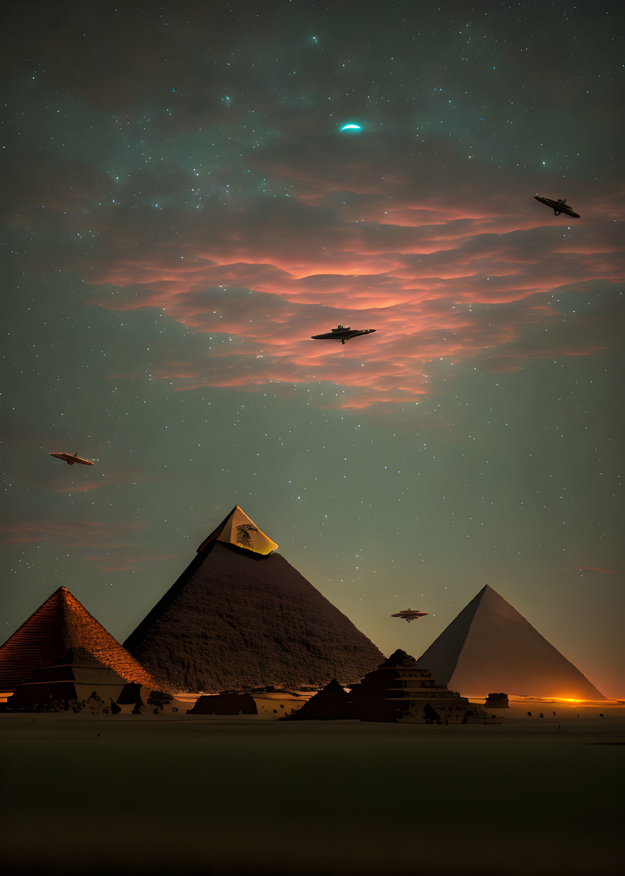 Egyptian Pyramids Under Starry Night Sky with Futuristic Aircraft Silhouettes