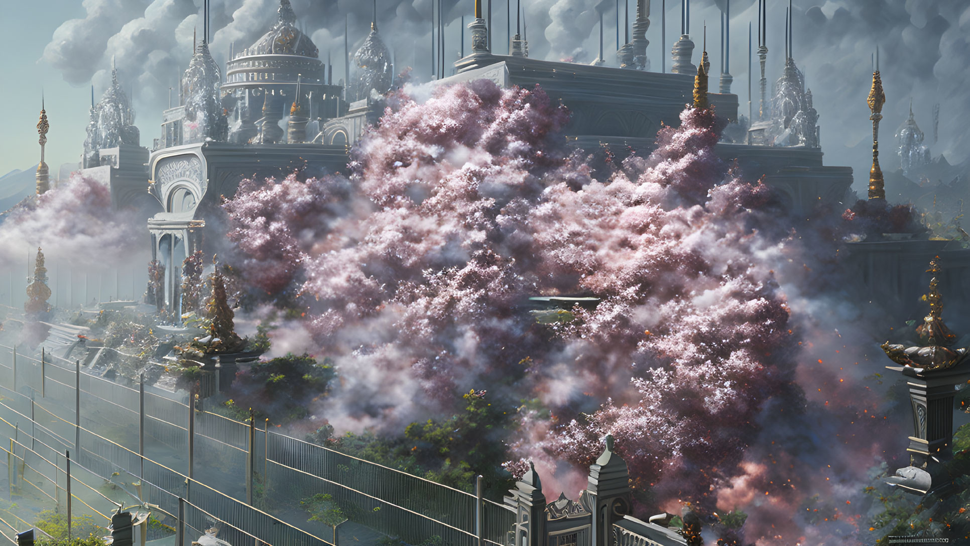 Fantastical cityscape with ornate buildings and pink blooms under a clear sky