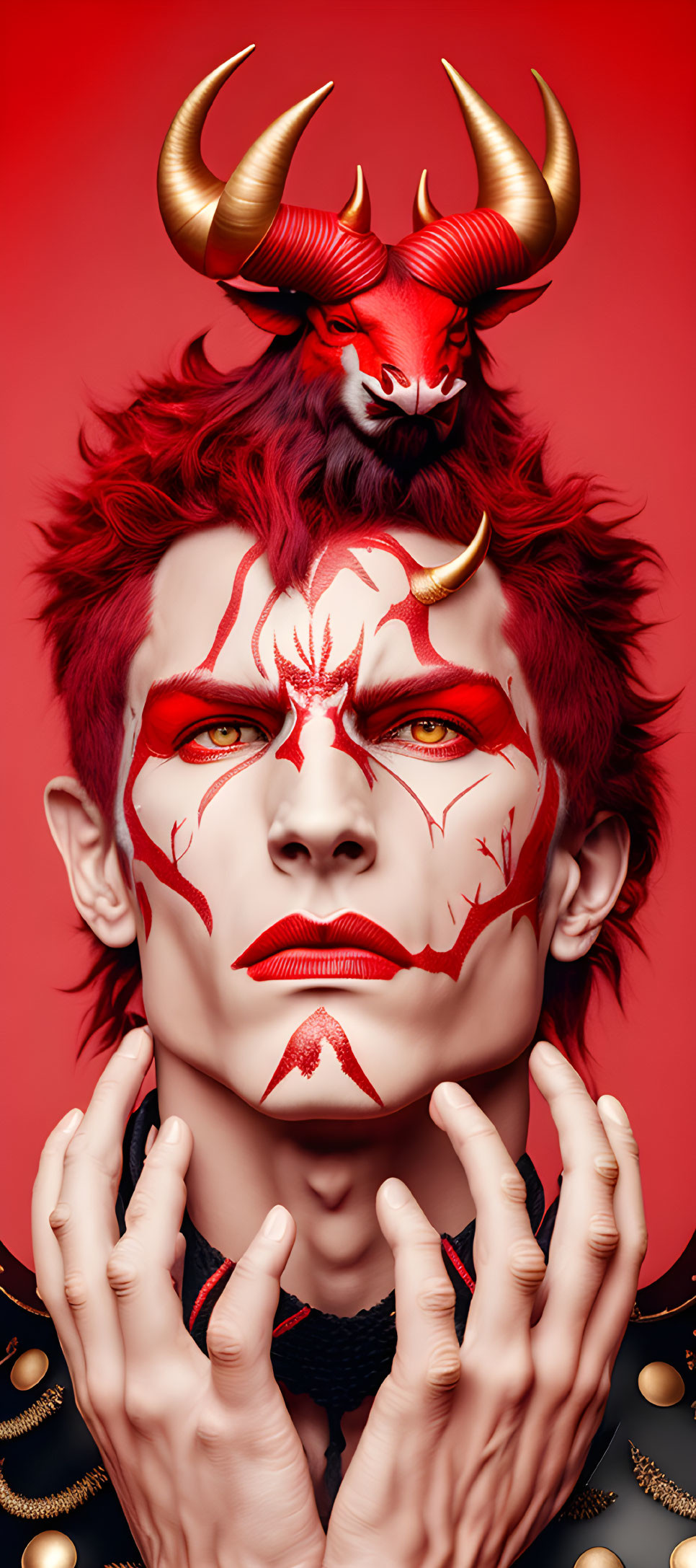 Red-themed demonic makeup with horns on person against red backdrop