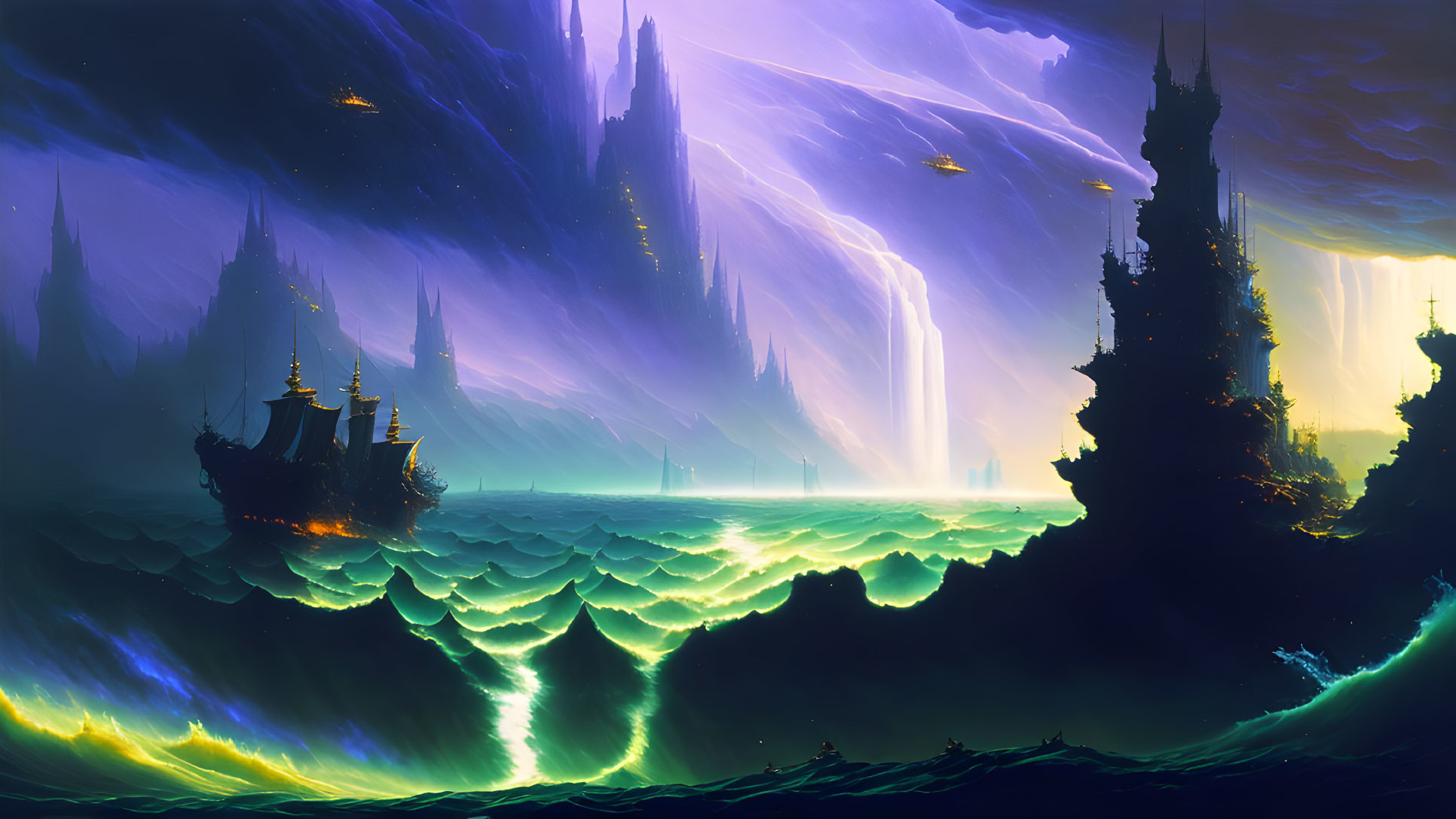 Fantastical ocean scene with illuminated waves, sailing ship, and celestial sky.