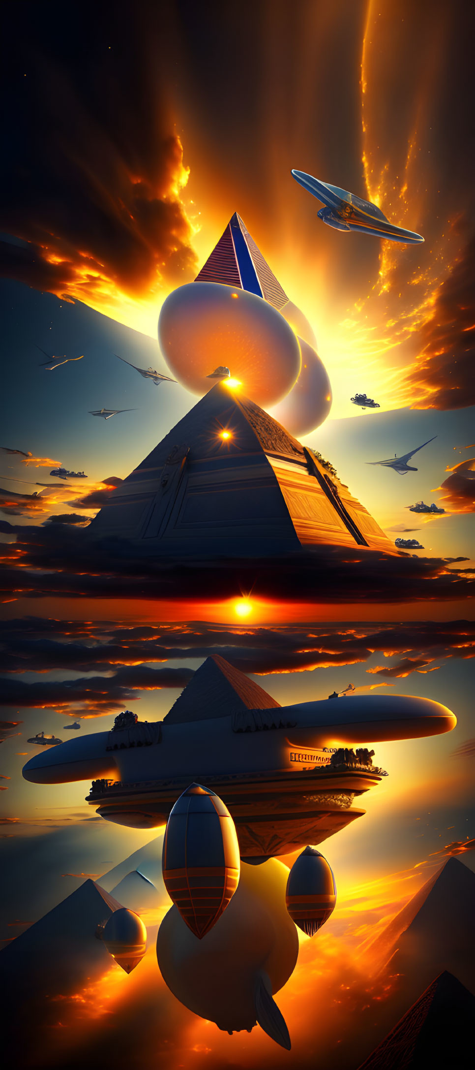 Futuristic pyramids and spacecrafts under sunset sky