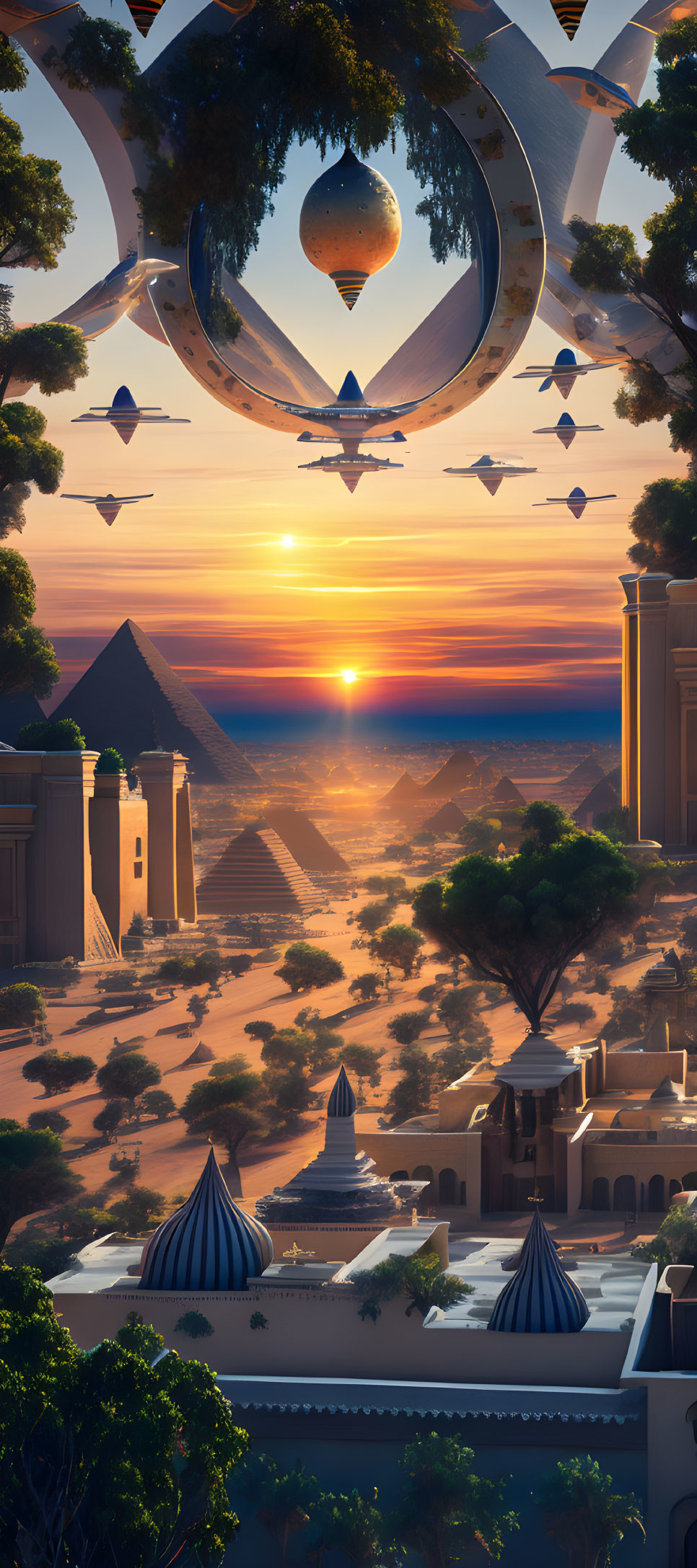 Futuristic cityscape with floating city, desert pyramids, flying vehicles, and sunset