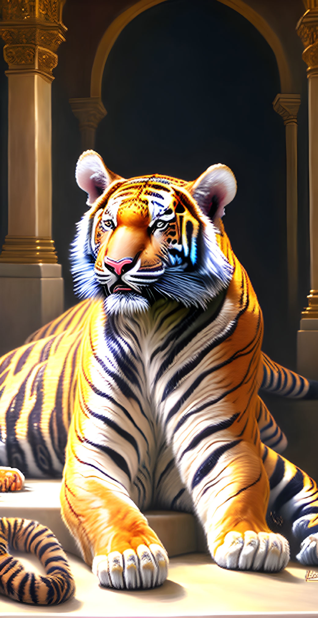 Majestic tiger with vibrant stripes in elegant, arch-filled hallway