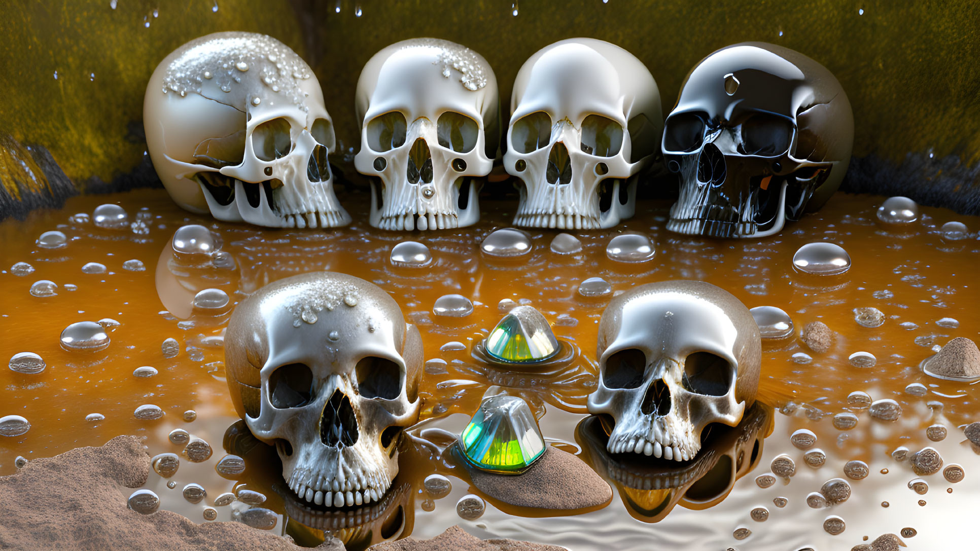 Five human skulls in orange liquid with droplets and pebbles