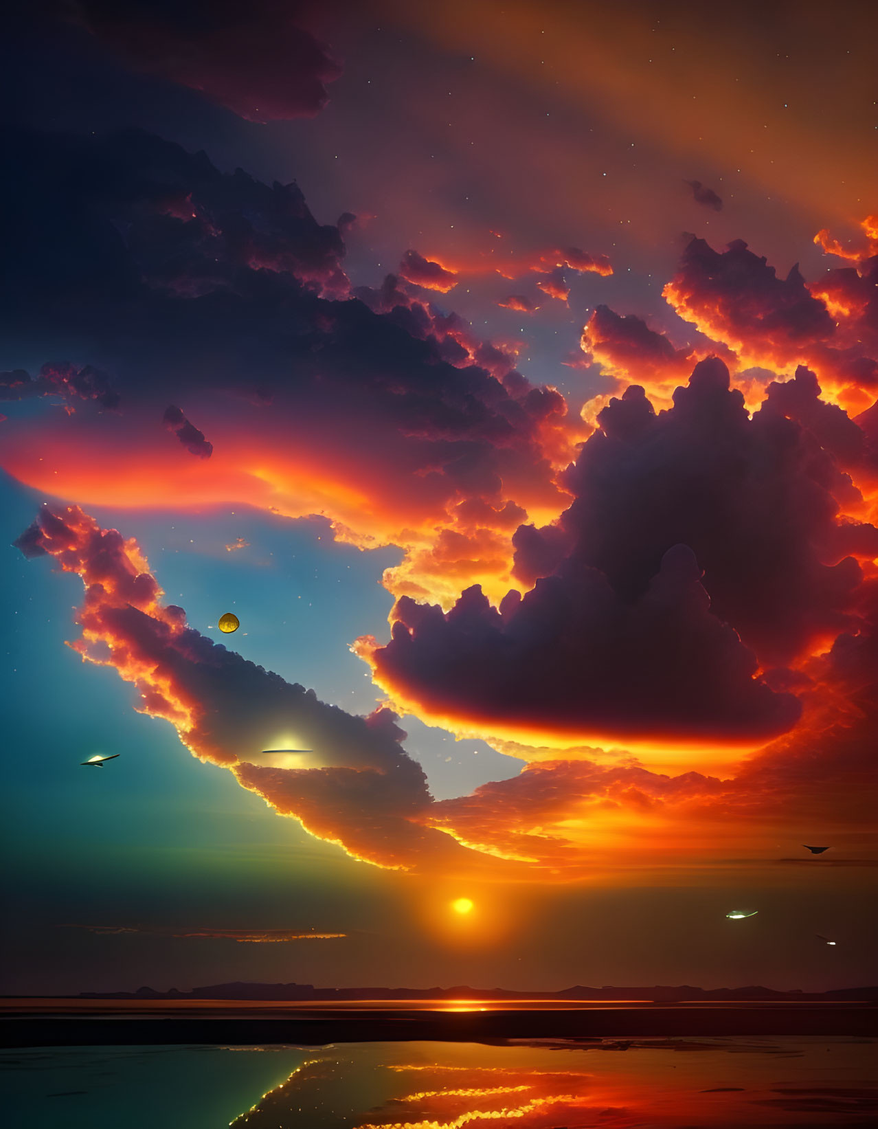 Vibrant orange and blue sunset with billowing clouds and flying birds reflected on water.