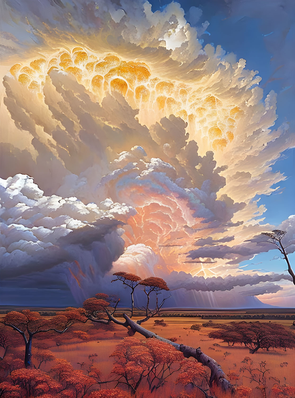 Majestic sunset landscape with towering cumulonimbus cloud and Acacia trees.