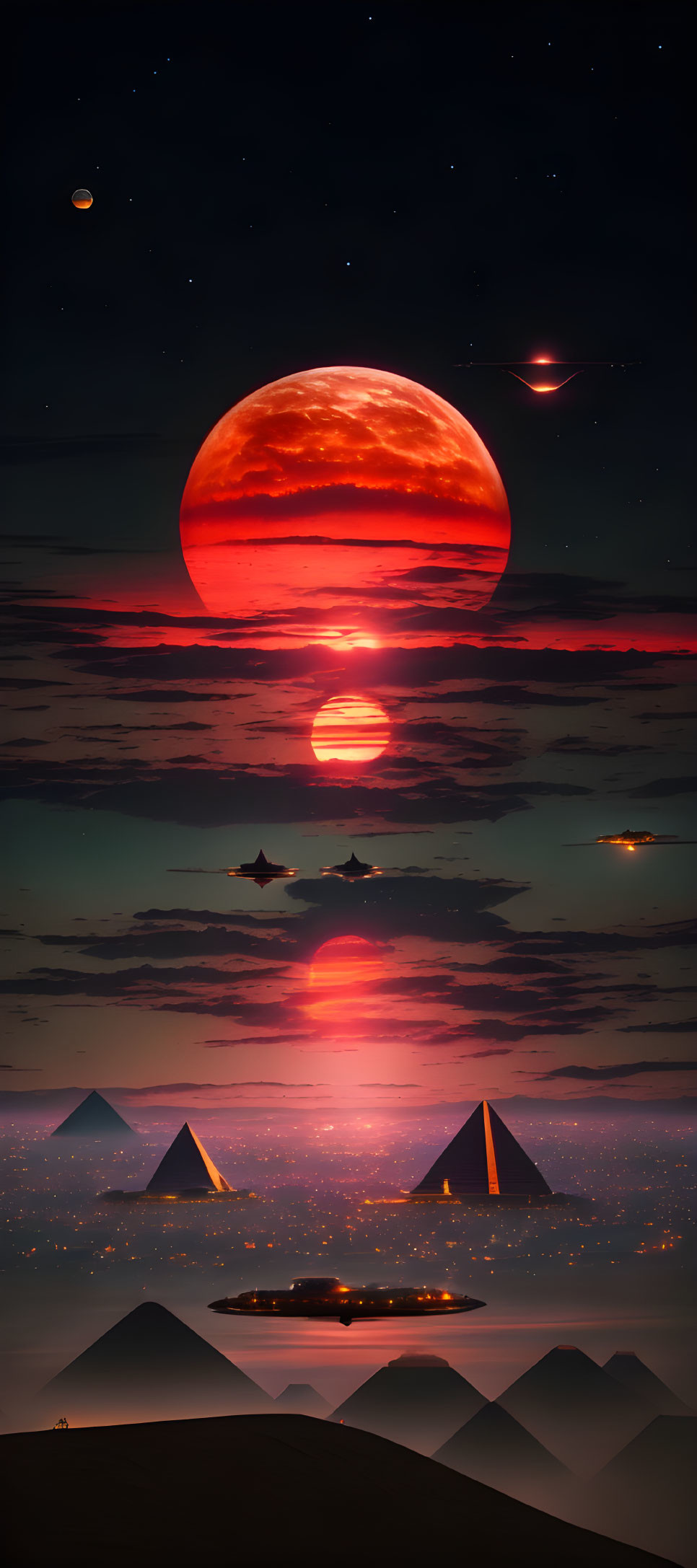 Surreal landscape featuring giant red moon, pyramids, water, and spaceships