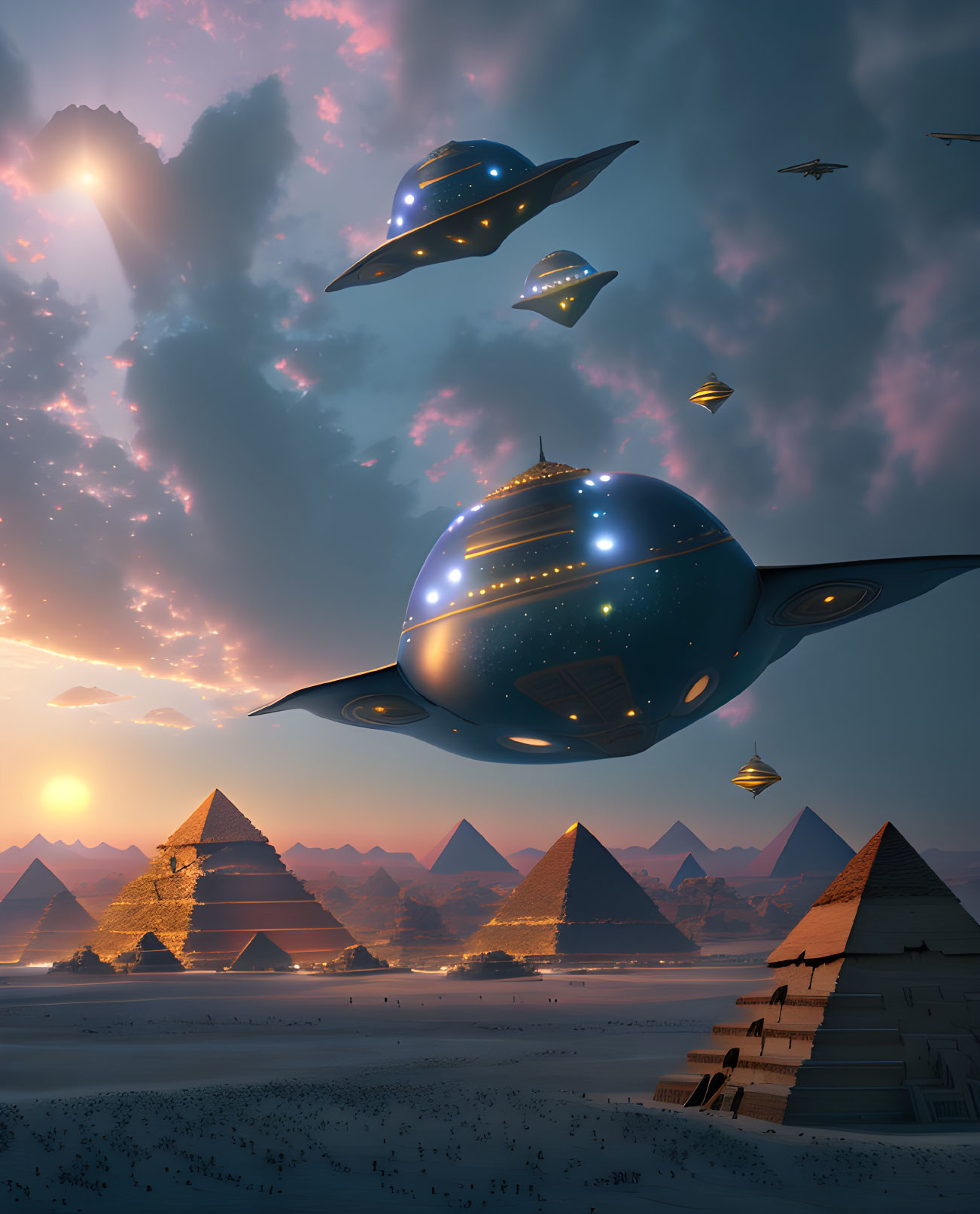 Futuristic spaceships over ancient Egyptian pyramids at sunset