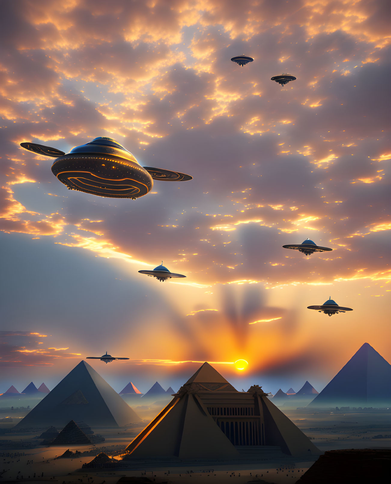 UFOs hover above Egyptian pyramids at sunrise