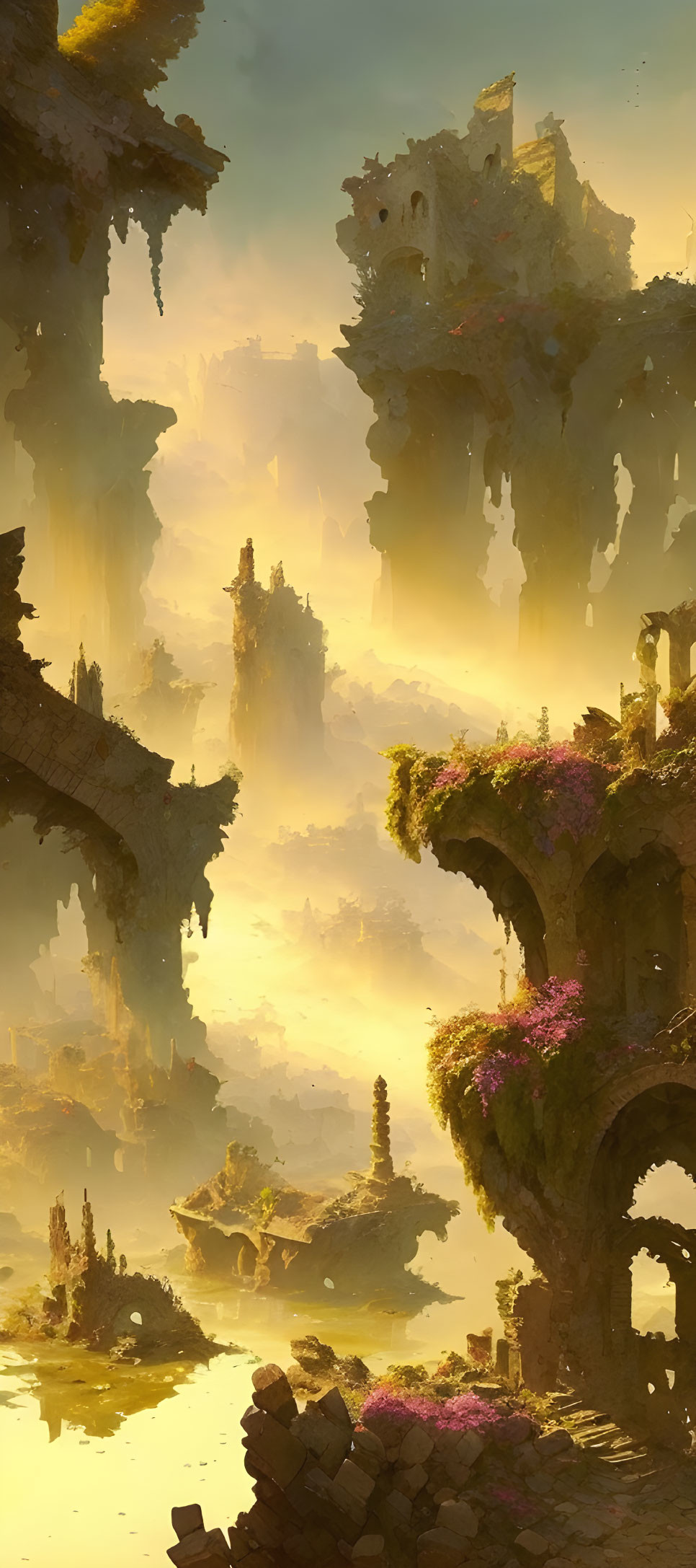 Ethereal landscape with overgrown ruins in golden light