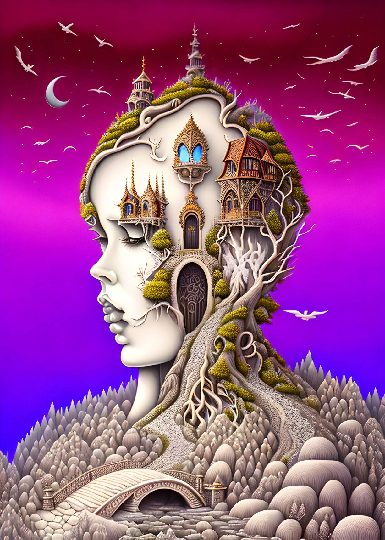 Surreal face profile with tree, houses, birds, moon on purple sky