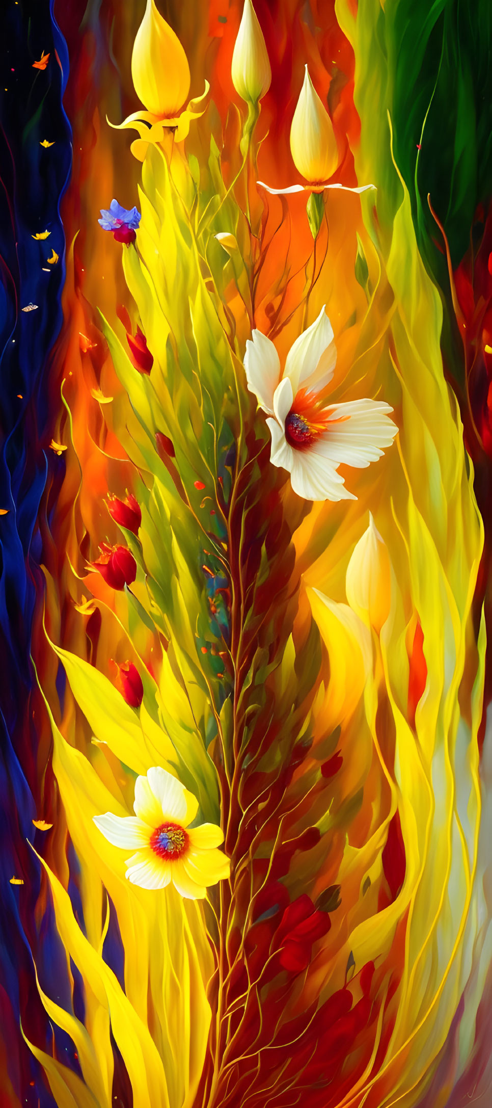 Colorful Abstract Floral Painting with Red, Yellow, and Green Hues