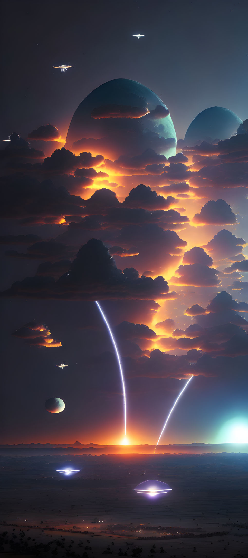 Futuristic sci-fi landscape with large planets, vivid sunset clouds, and desert ships.