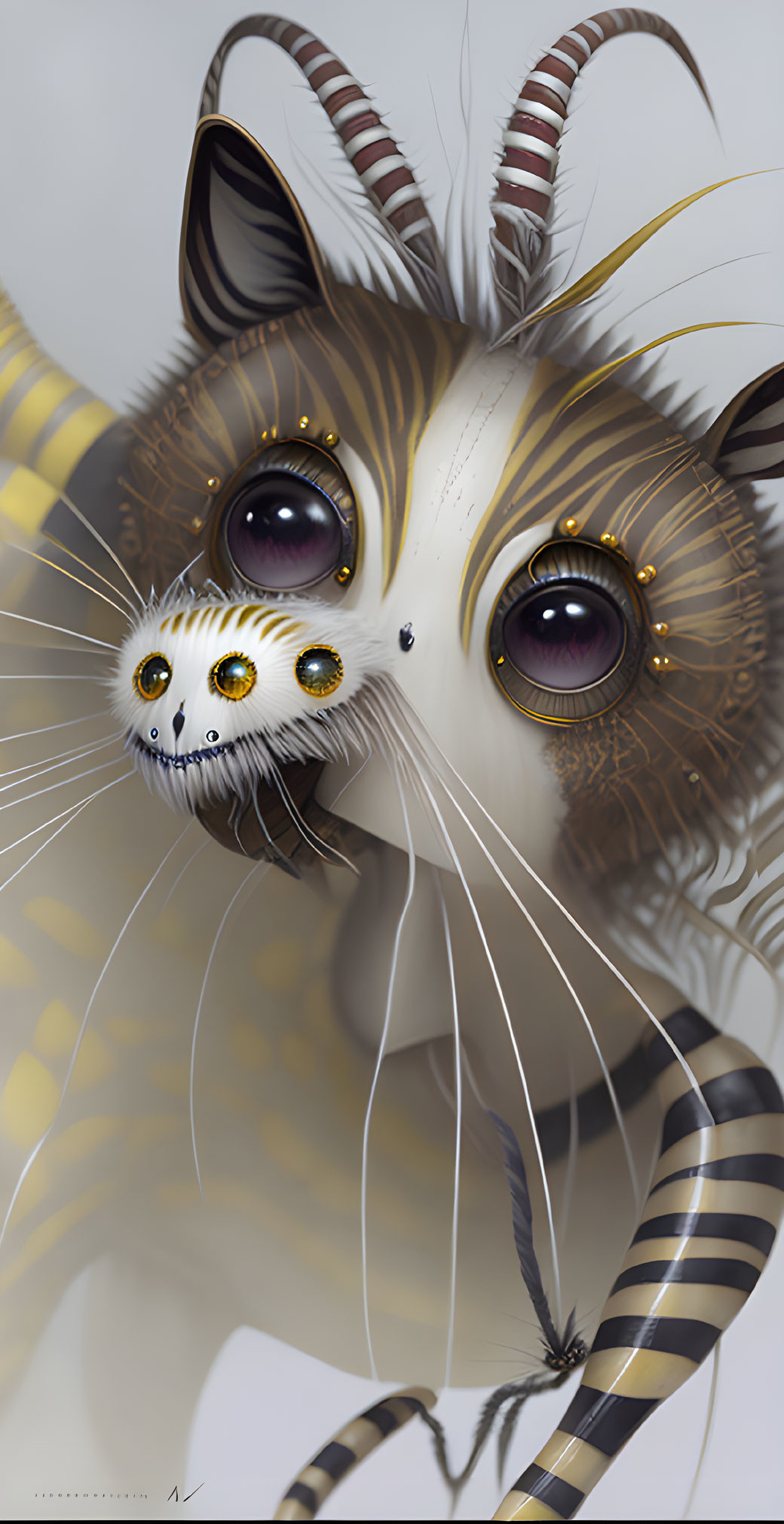 Creature with Large Eyes, Striped Fur, and Horn-like Antennae