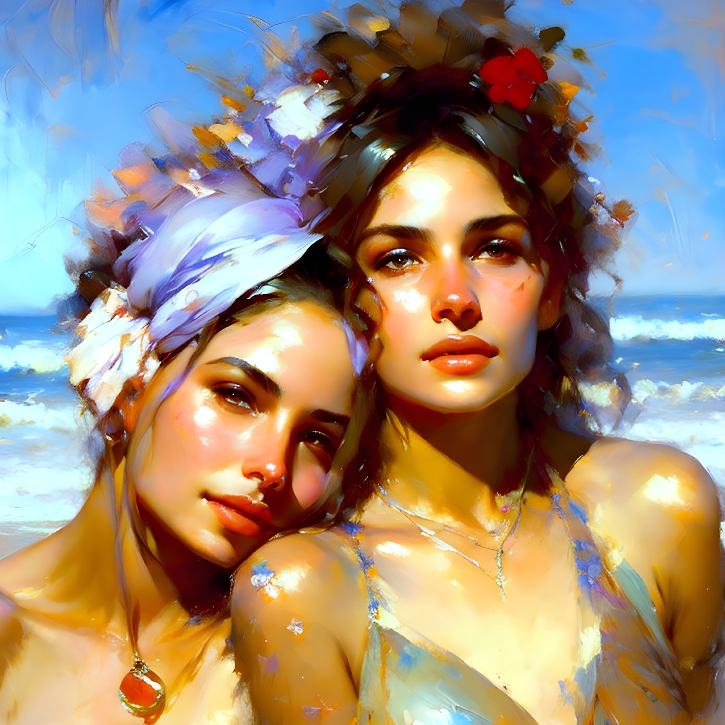 Two women with floral hair adornments on sunlit beach