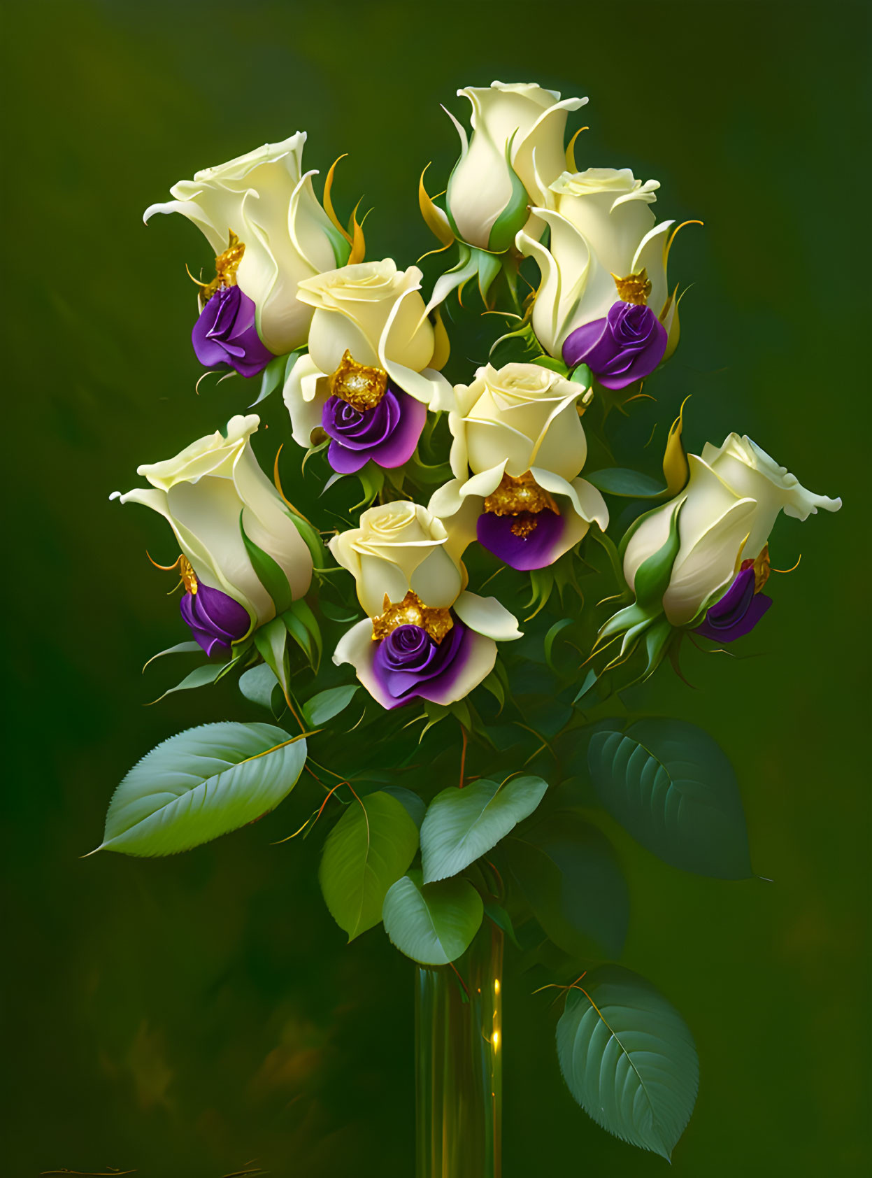 White Roses Bouquet with Purple Accents on Dark Green Background