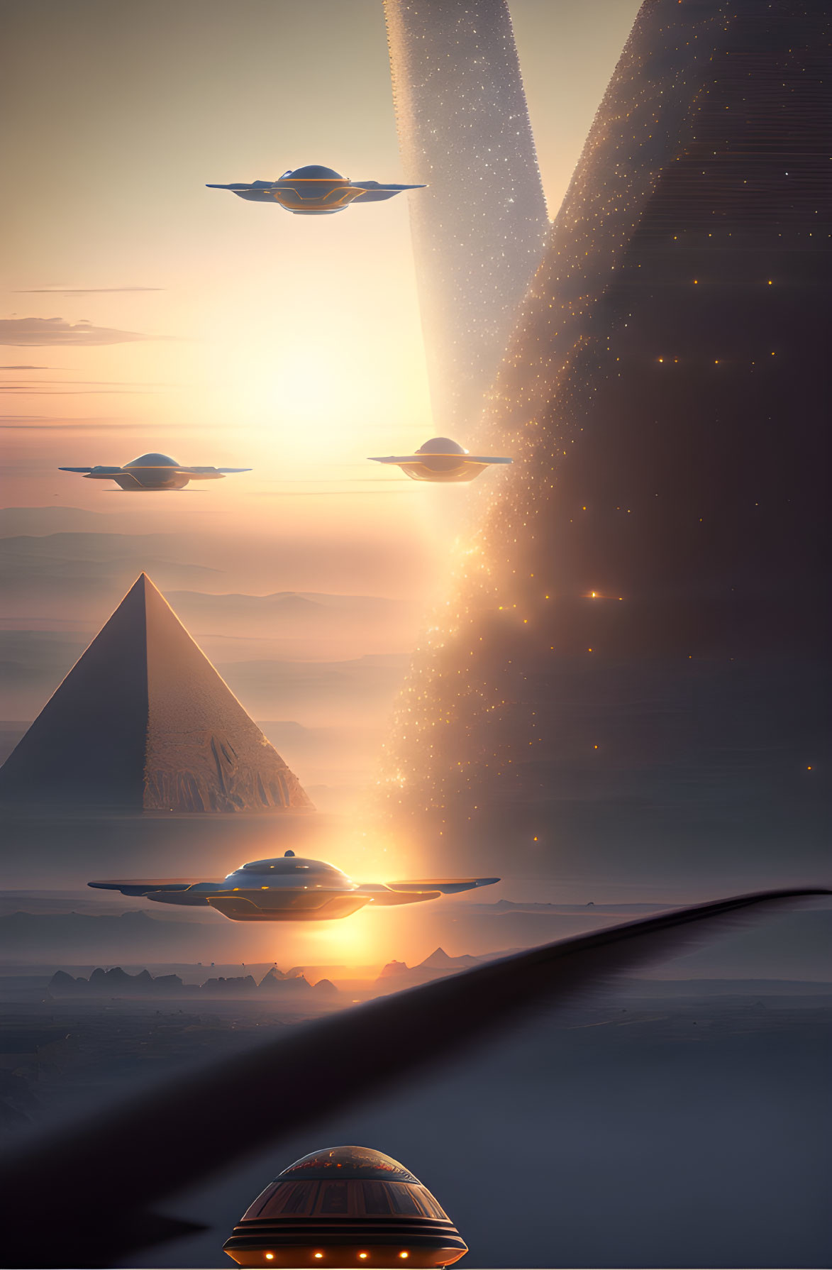 Futuristic sci-fi landscape with flying saucers, pyramids, sunrise, and starry