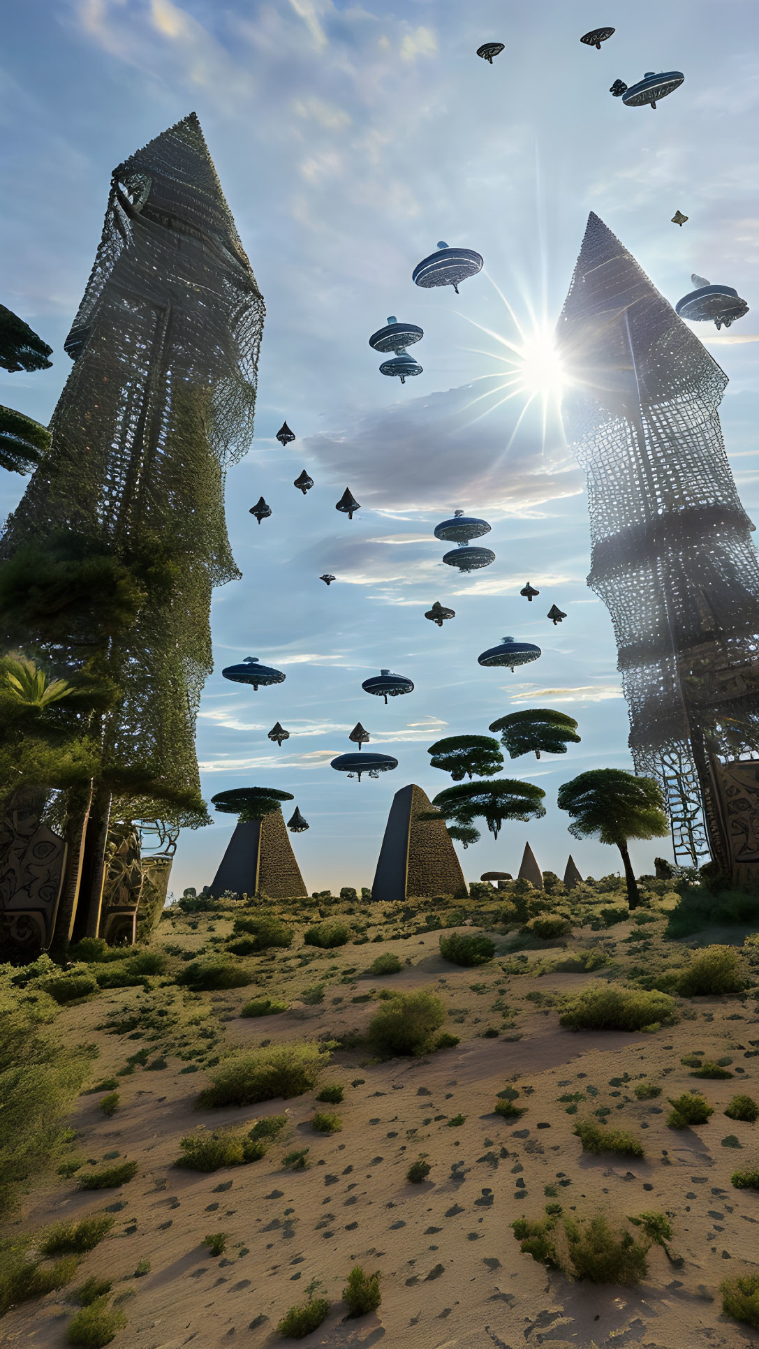 Futuristic desert landscape with vine-covered skyscrapers and flying vehicles