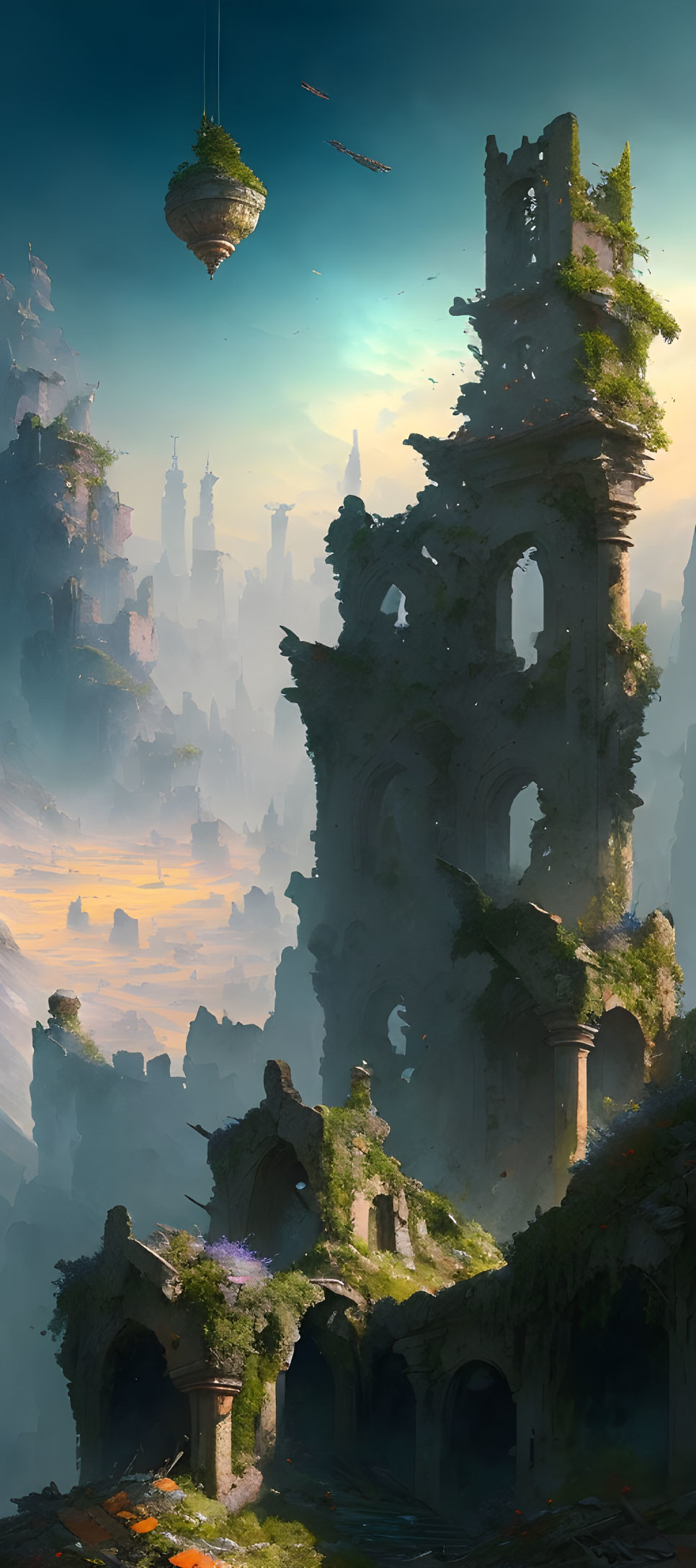 Fantastical landscape with towering ruins, lush greenery, cityscape, and floating islands