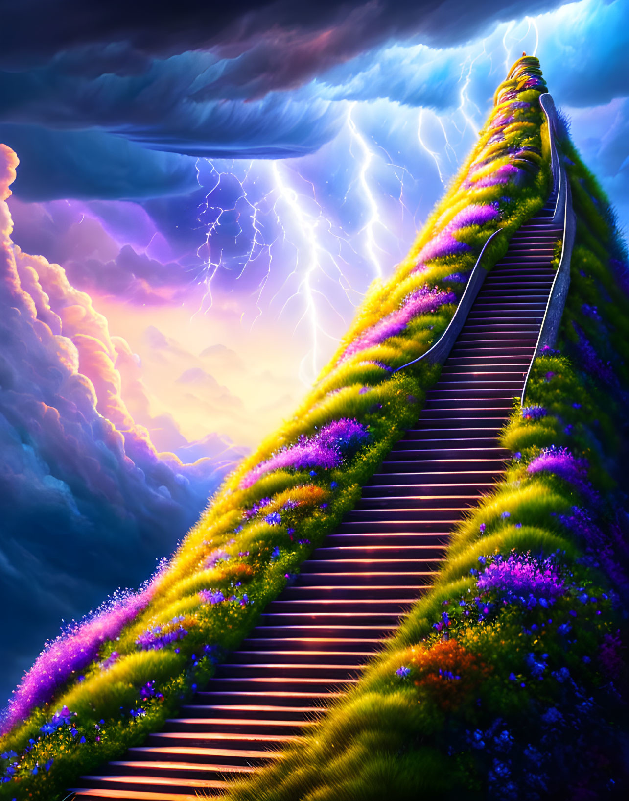 Stairway ascending in stormy sky with lightning bolts