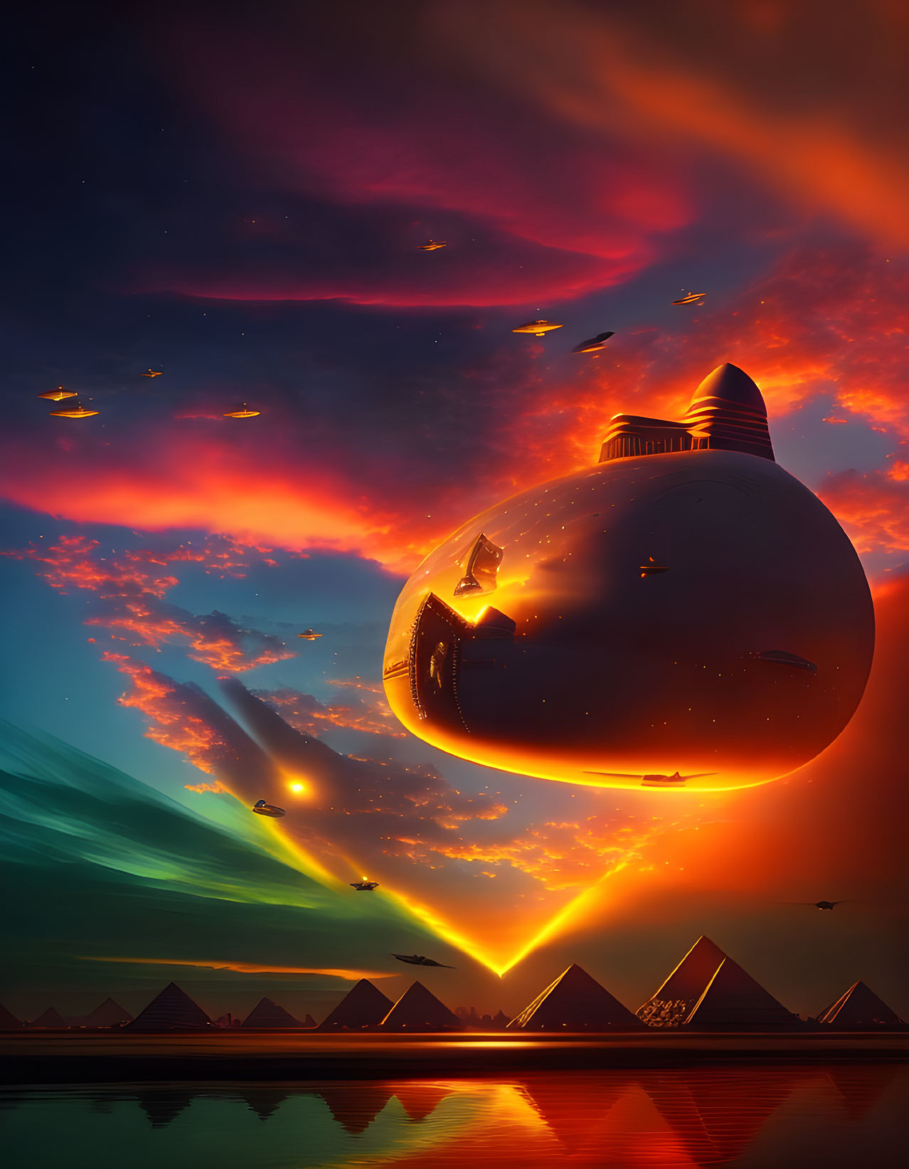 Large spaceship hovers over pyramids in futuristic scene