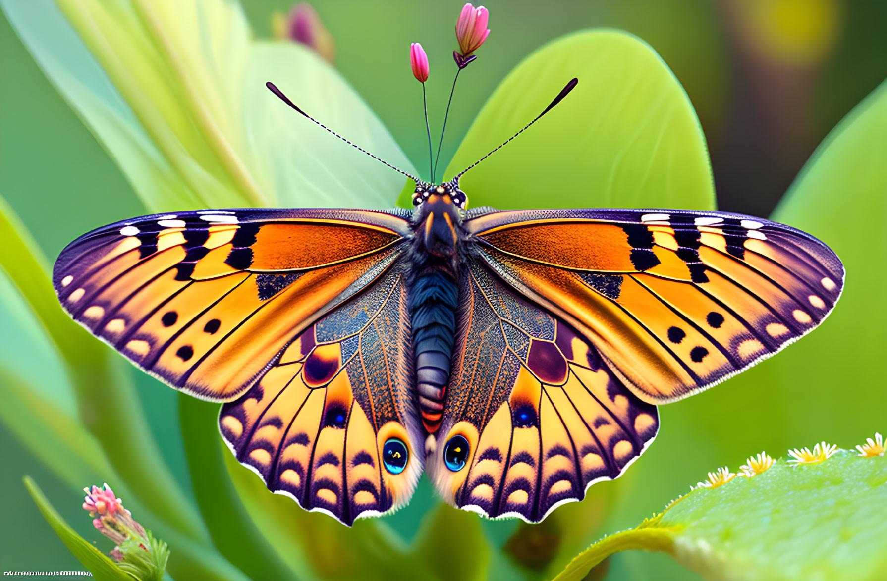 Colorful Butterfly Resting on Green Leaf with Pink Flowers in Background