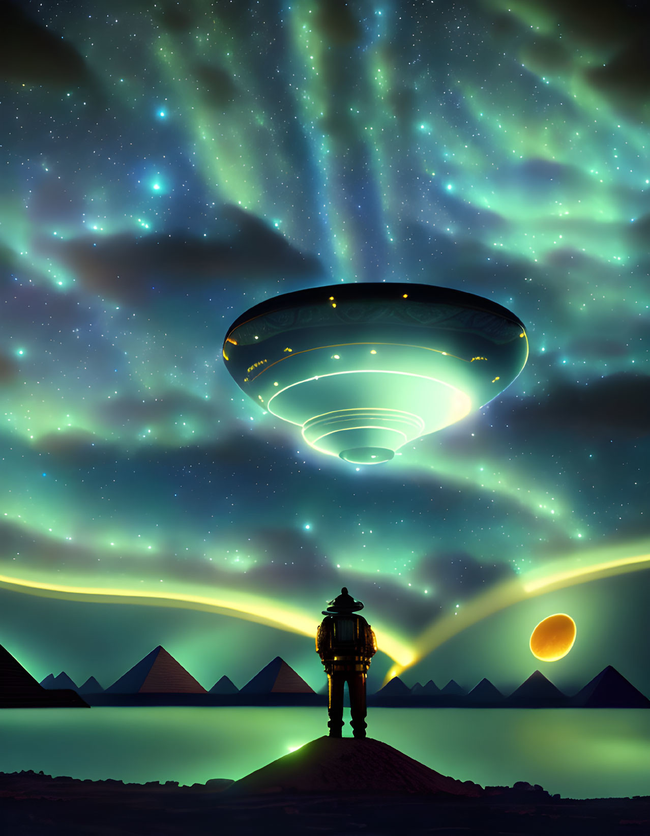 Astronaut in Space Suit Views UFO and Celestial Display over Pyramids