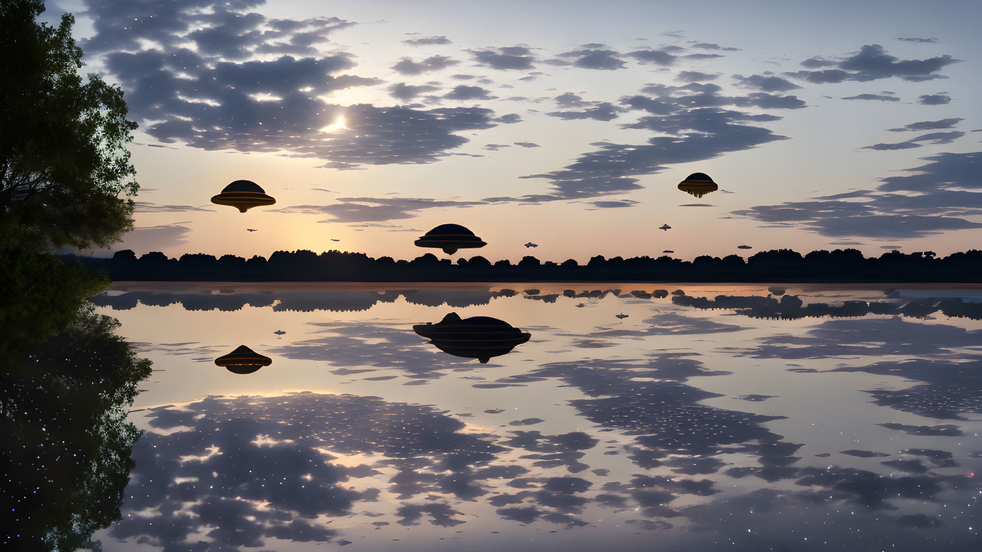 Tranquil dusk lake scene with silhouetted trees and hovering UFOs