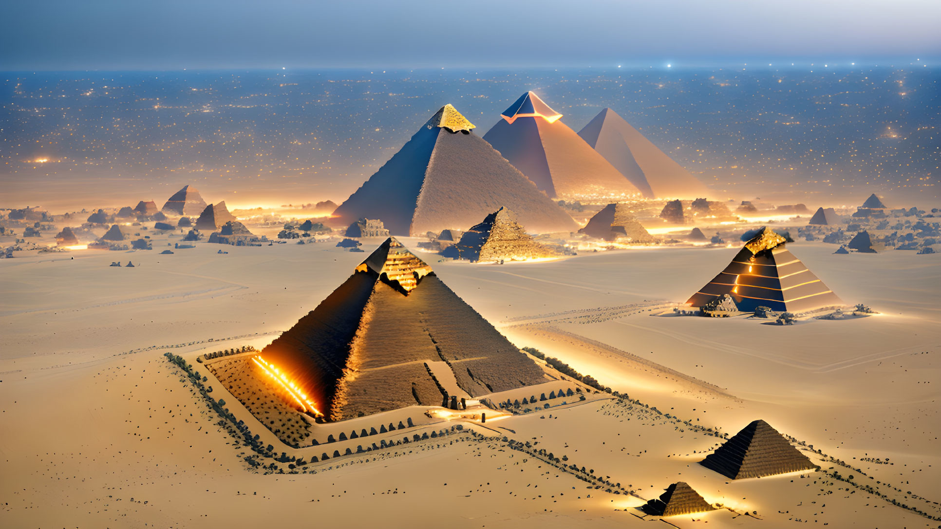 Nighttime view of illuminated pyramids and sphinxes in Egyptian desert