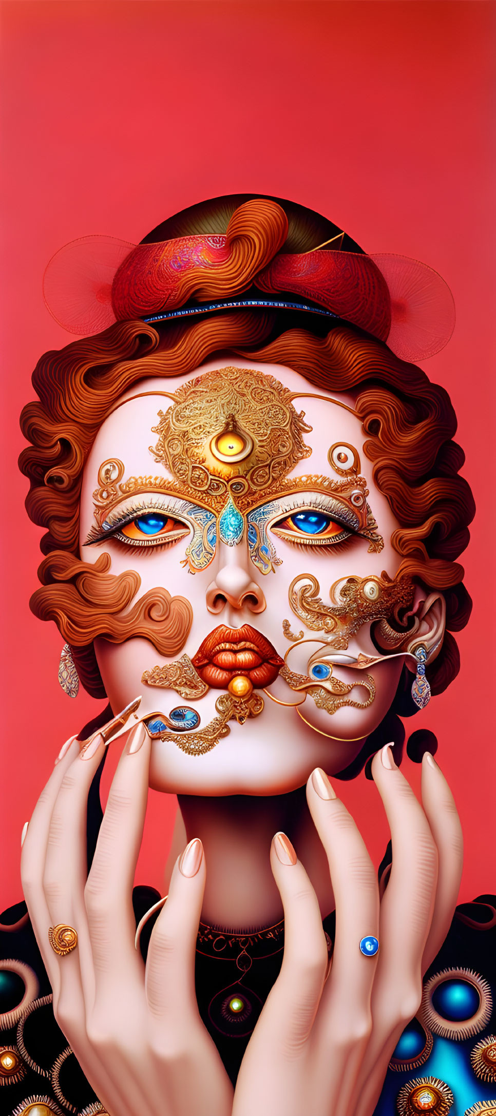 Digital artwork featuring woman with gold facial decorations on red backdrop.